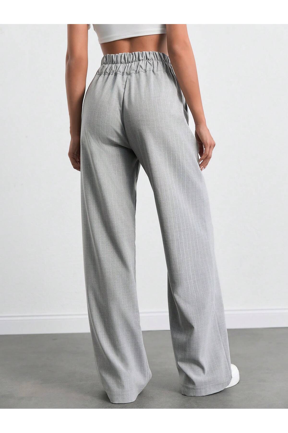 tuzu moda KADIN PANTOLON ÇİZLİGİLİ POLİVİSKON PANTOLON PALAZZO PANTOLON ARKA LASTİKLİ PANTOLON görsel 2