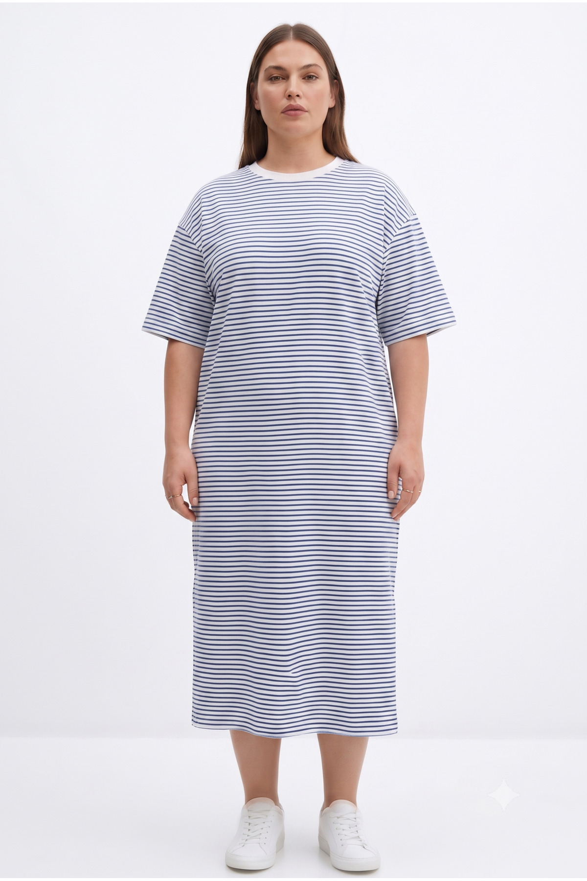 Women's Plus Size Striped Basic Oversize Short Sleeve Slit Dress - Blue