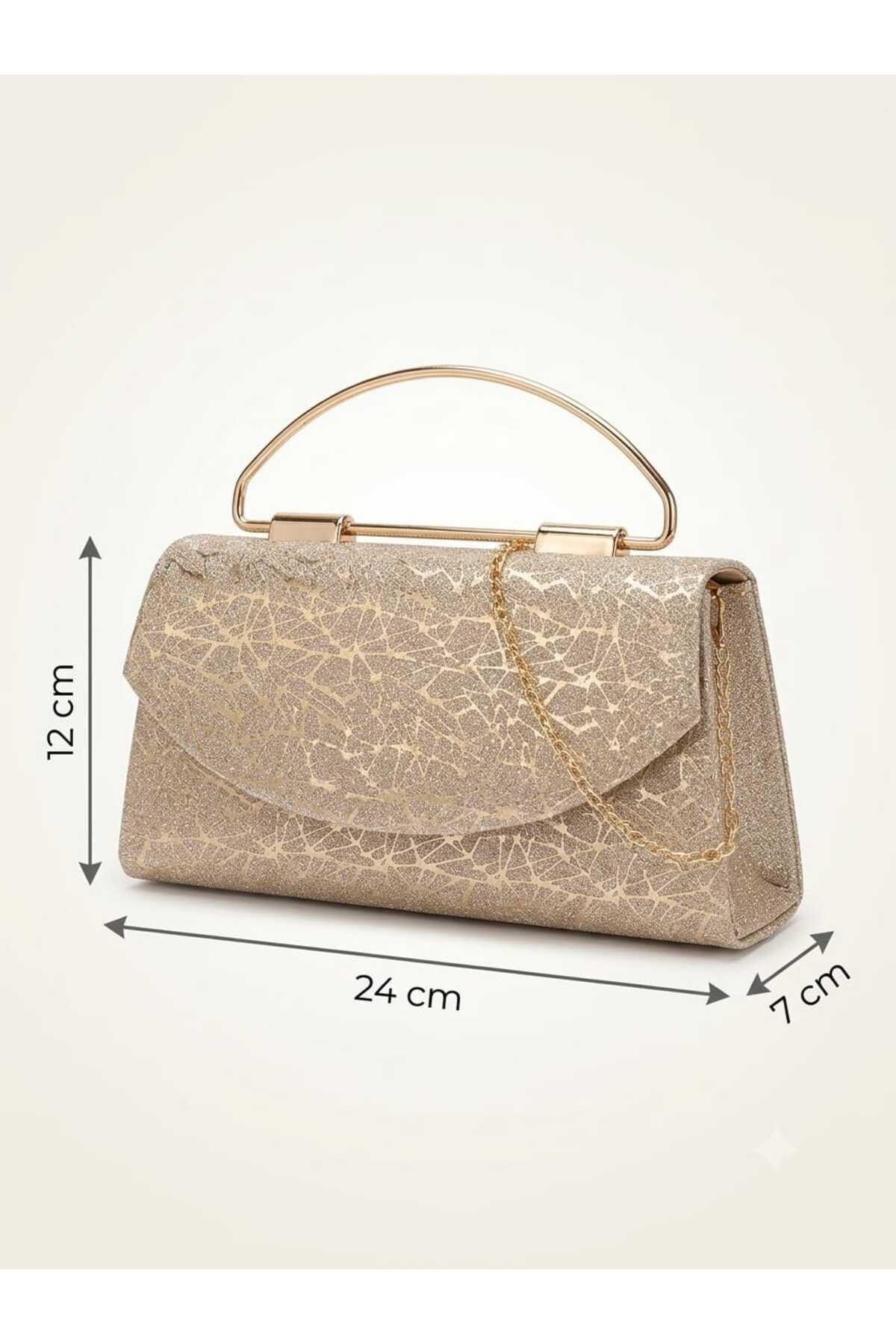 ZİVORA Kadın Simli Abiye Çanta Kırık Cam Desenli Zincir Askılı Portföy Clutch El ve Omuz Çantası 24x12x7 cm görsel 2