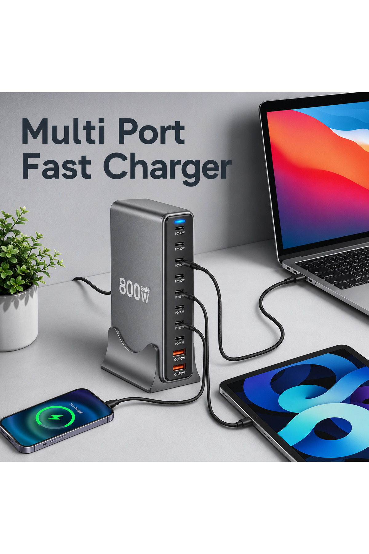 شاحن سريع USB C بتقنية GaN بقوة 800 واط، محطة شحن مكتبية بـ 10 منافذ مع شحن سريع PD بقوة 140 واط لأجهزة ماك بوك برو، آيفون، سامسون...