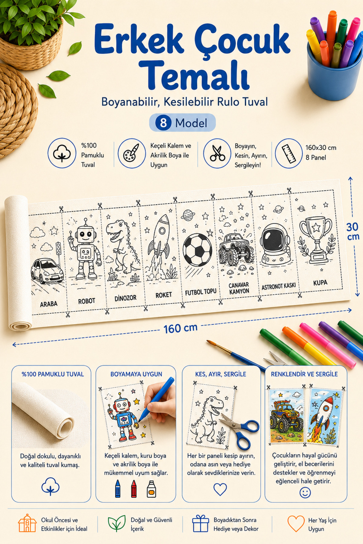 Boyanabilir Kesilebilir Rulo Tuval Erkek Çocuk Temalı 8 Model Boyama Seti 160x30 cm