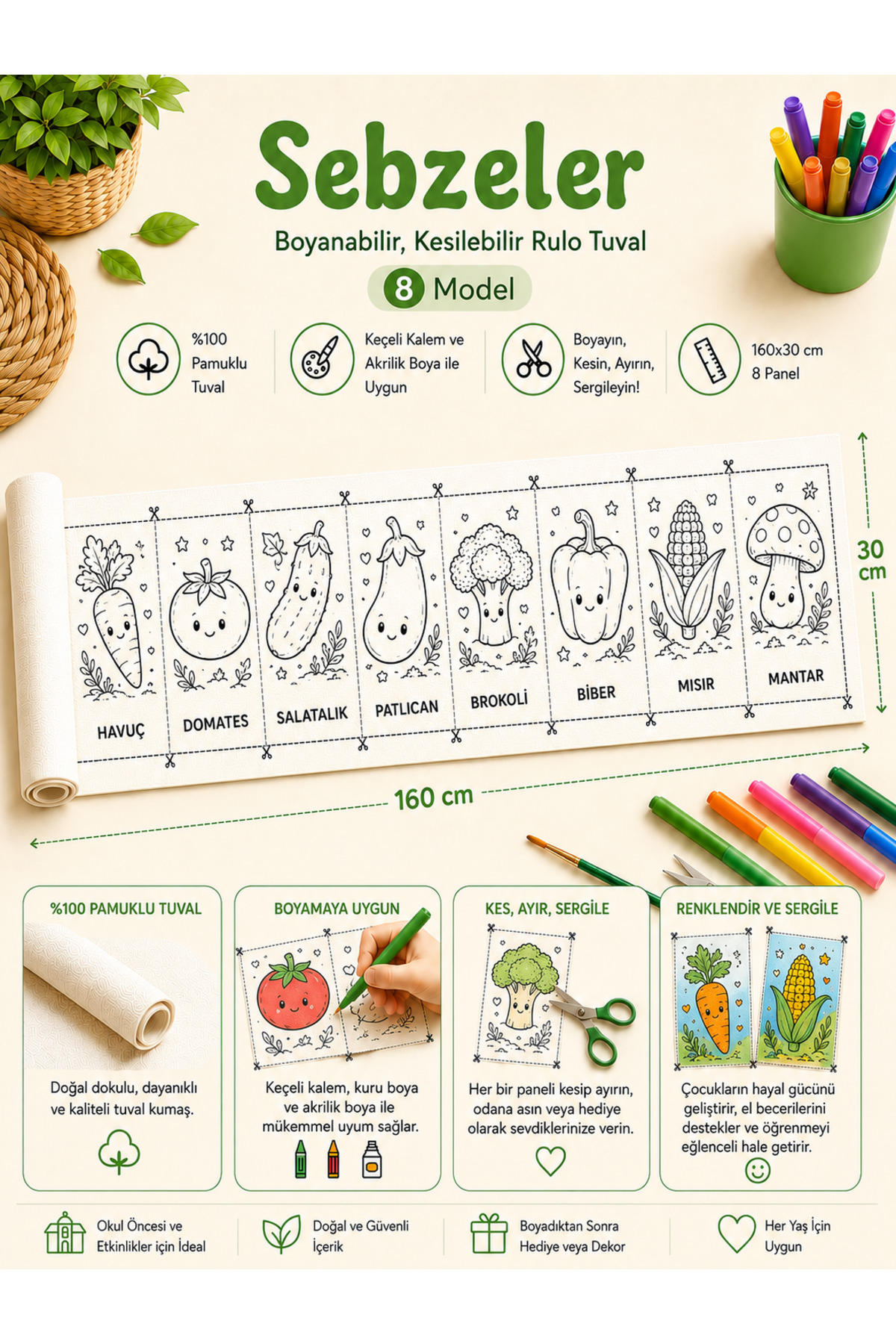 Boyanabilir Kesilebilir Rulo Tuval Sebzeler 8 Model Çocuk Etkinlik Seti 160x30 cm
