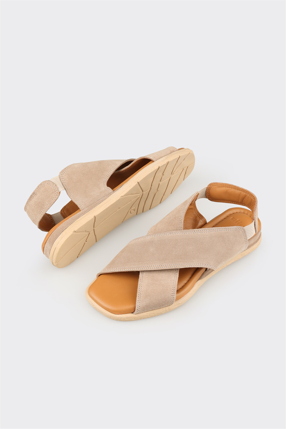 Elle Shoes Bej Deri Kadın Düz Sandalet görsel 3