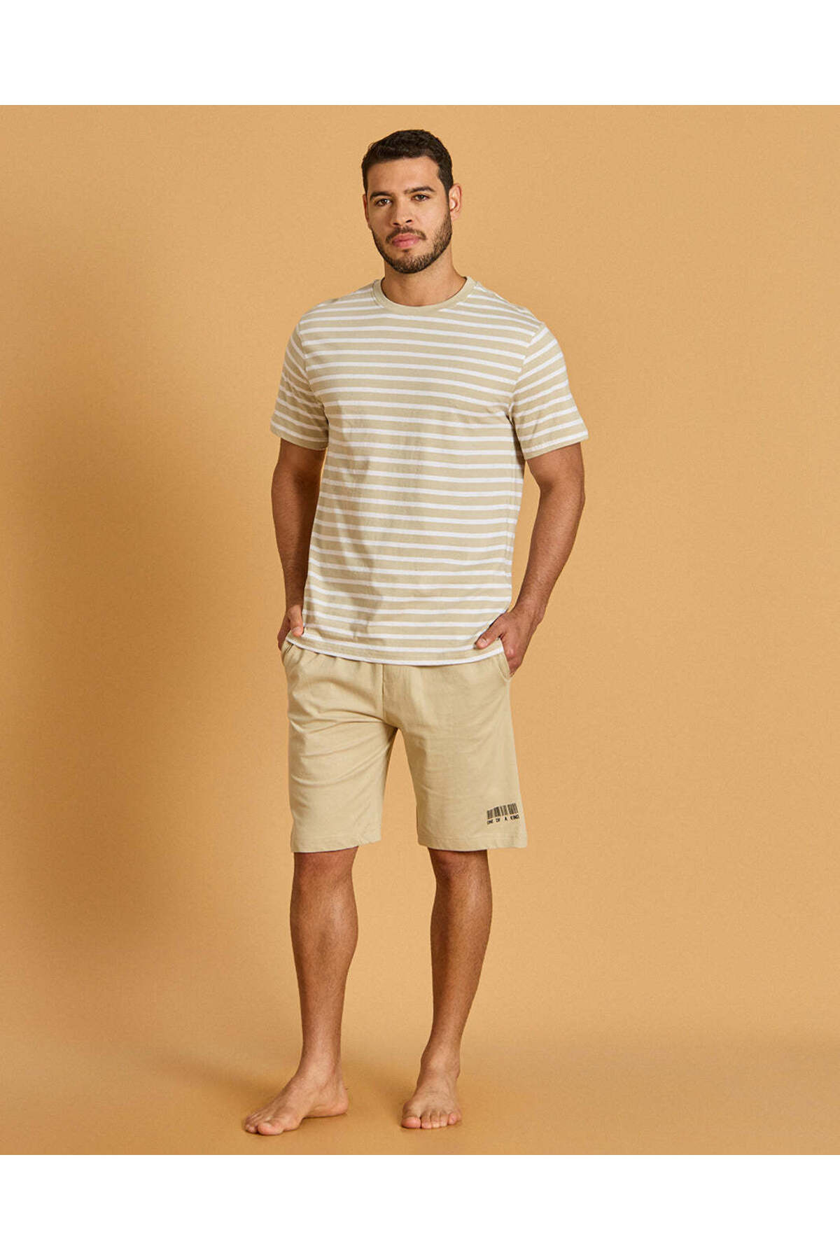 REDTAG Men Beige Stripe Pyjama Set