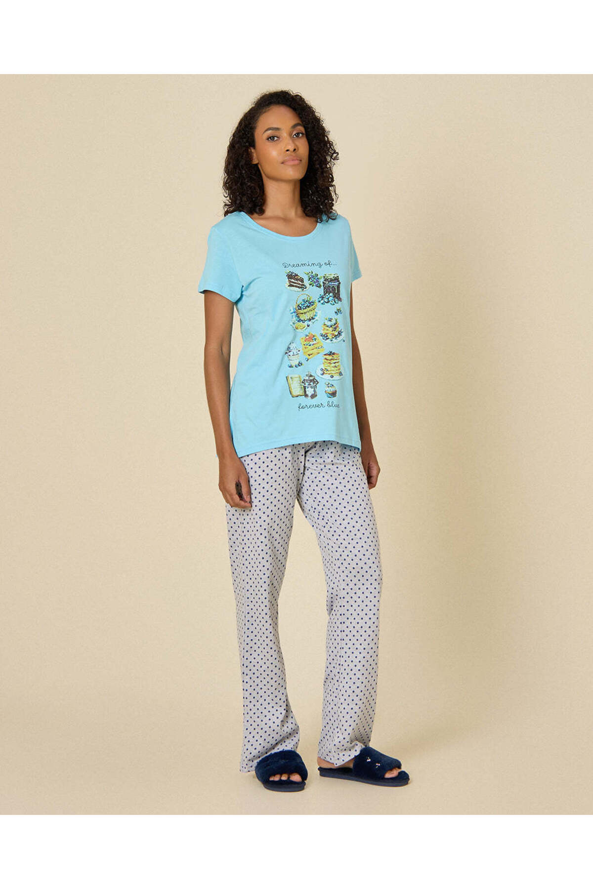 REDTAG Women Blue and Grey And Printed Pyjama Set