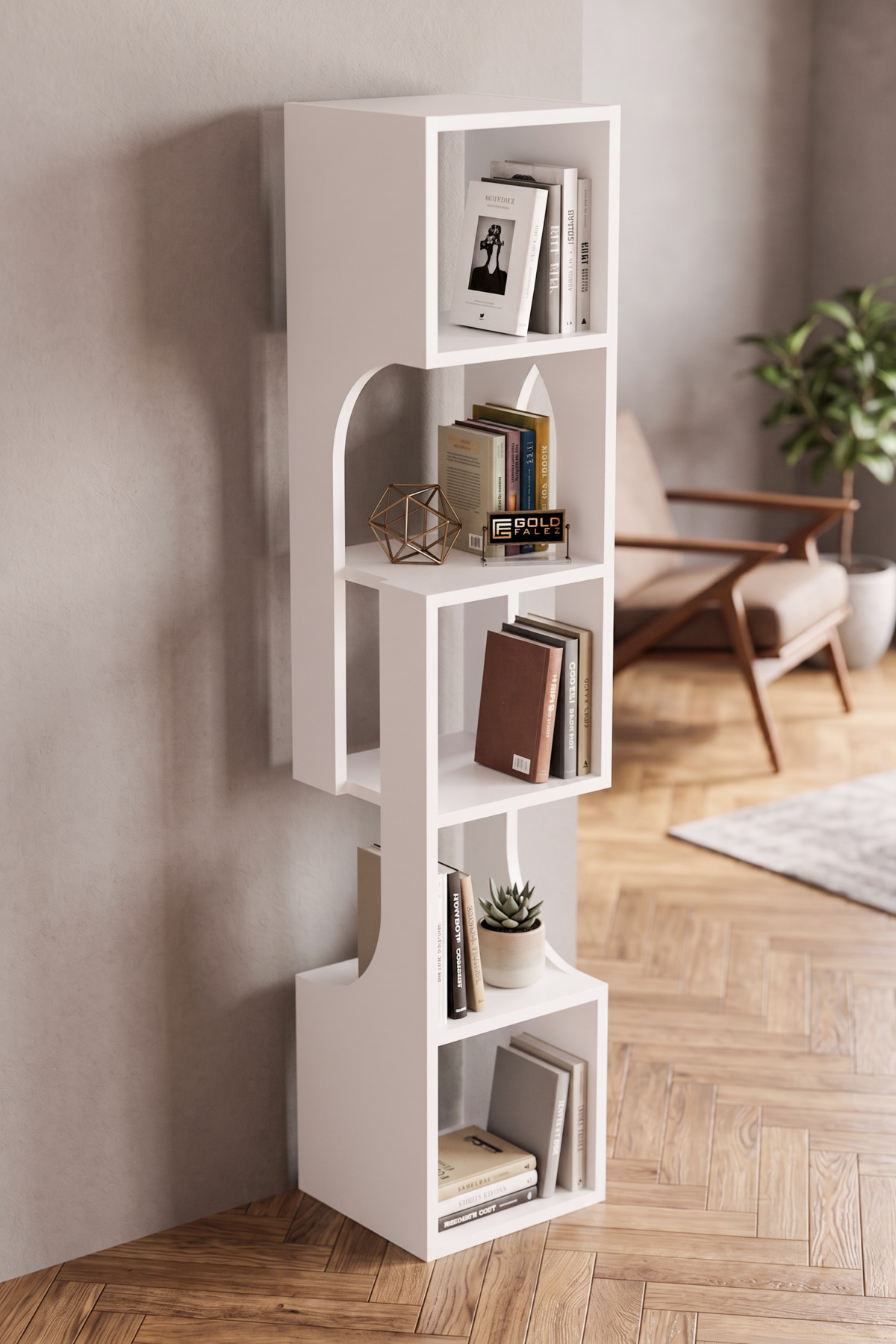 Kitaplık Ahşap Dekoratif Raf 5 Katlı Modern Çok Amaçlı Kitaplık Salon Ofis Kitaplığı 7067 Beyaz