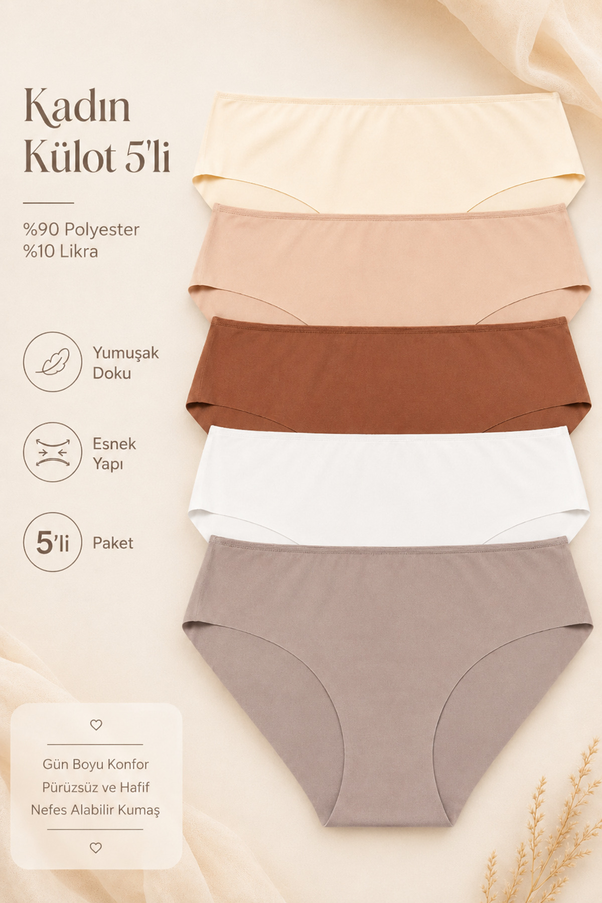 Nicoletta Kadın Külot Lazer Kesim Iz Yapmaz 5 li Paket Polyester TARÇIN görsel 2