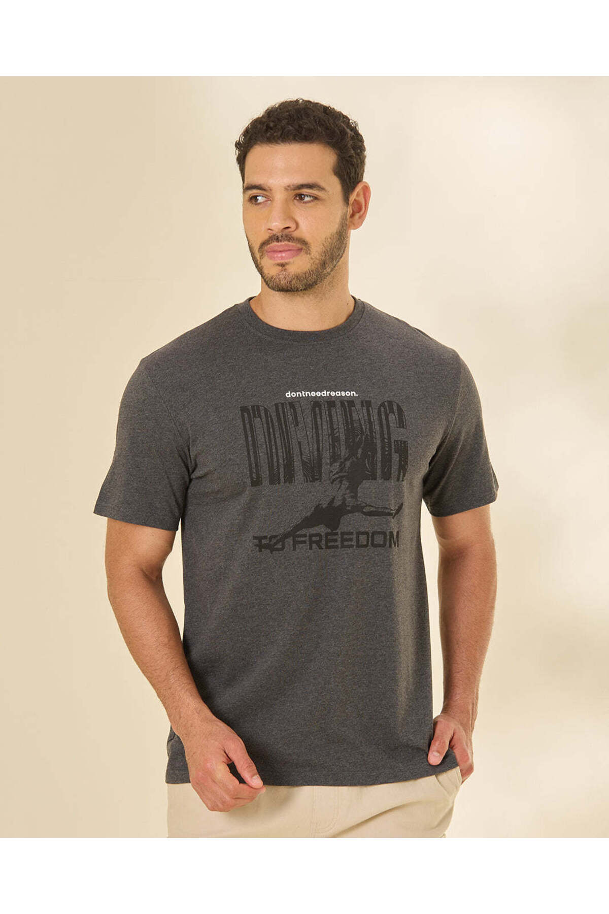 REDTAG Men Charcoal Graphic T-Shirt