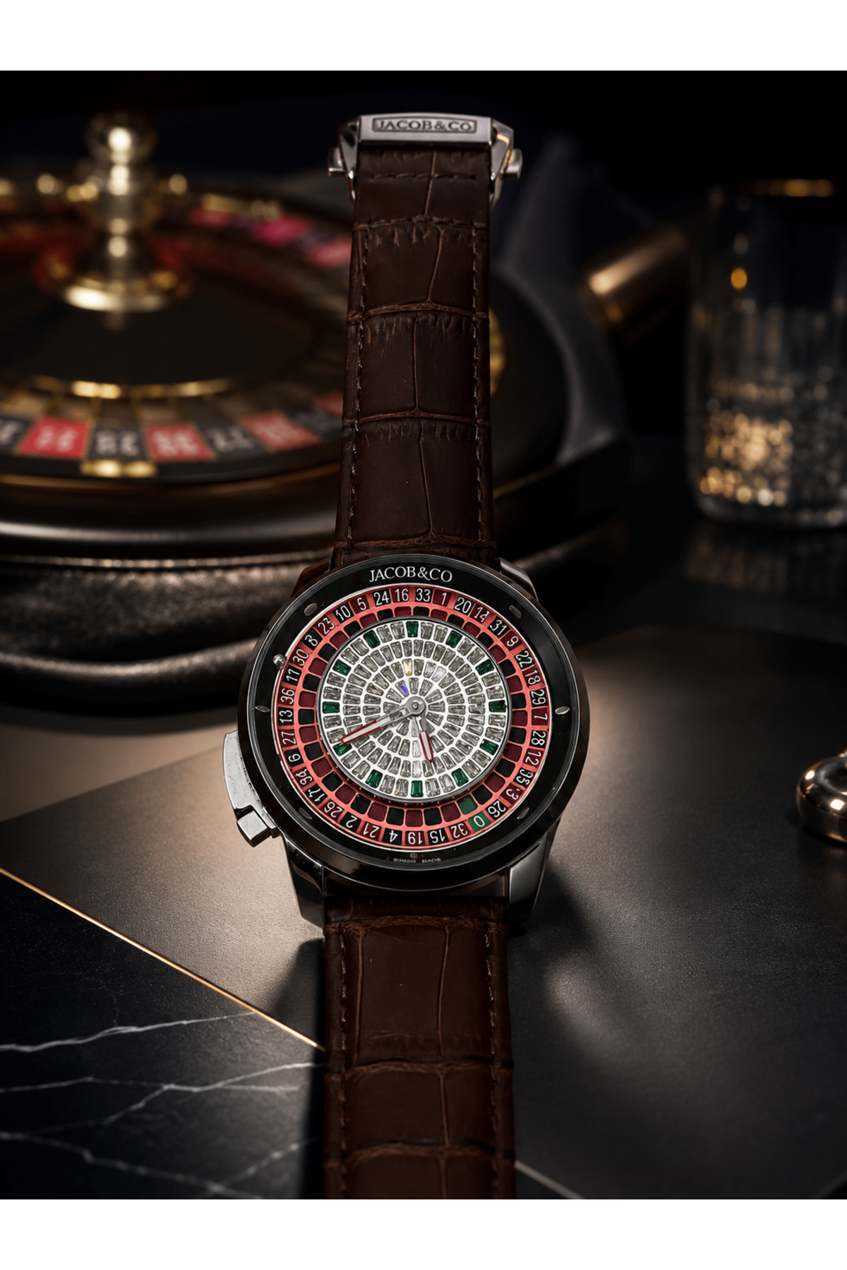 Jacoob Casino Roulette Rotating Khaki Leather Wrist Watch (Custom Boxed)