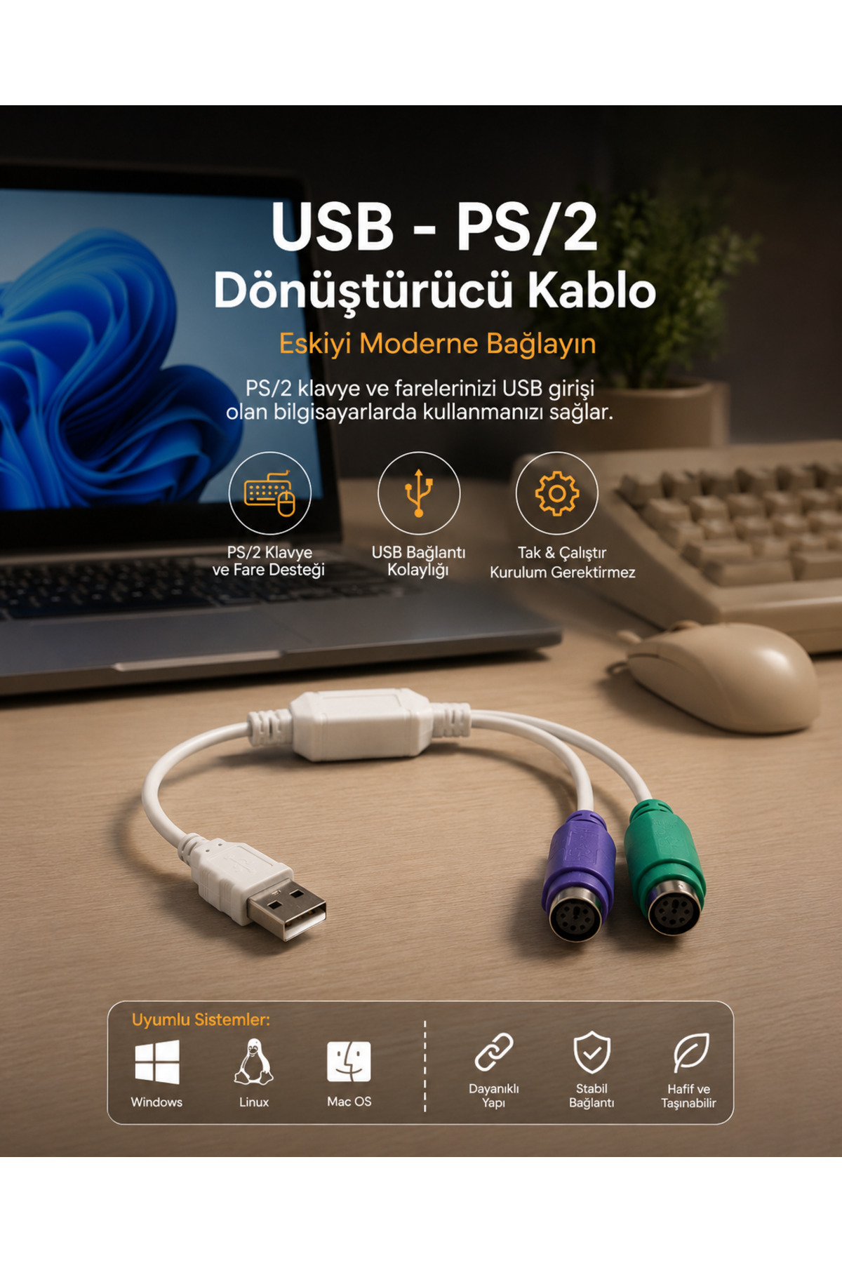 USB to PS2 Dönüştürücü Çevirici Kablo Adaptör Masaüstü Laptop PC Uyumlu Tak Çalıştır Çiftli Eski Klavye Fare Fareleri Yeni Nesil Bilgisayara Bağlama Aparatı Konnektör Mor Yeşil Port Bağlantısı Hub
