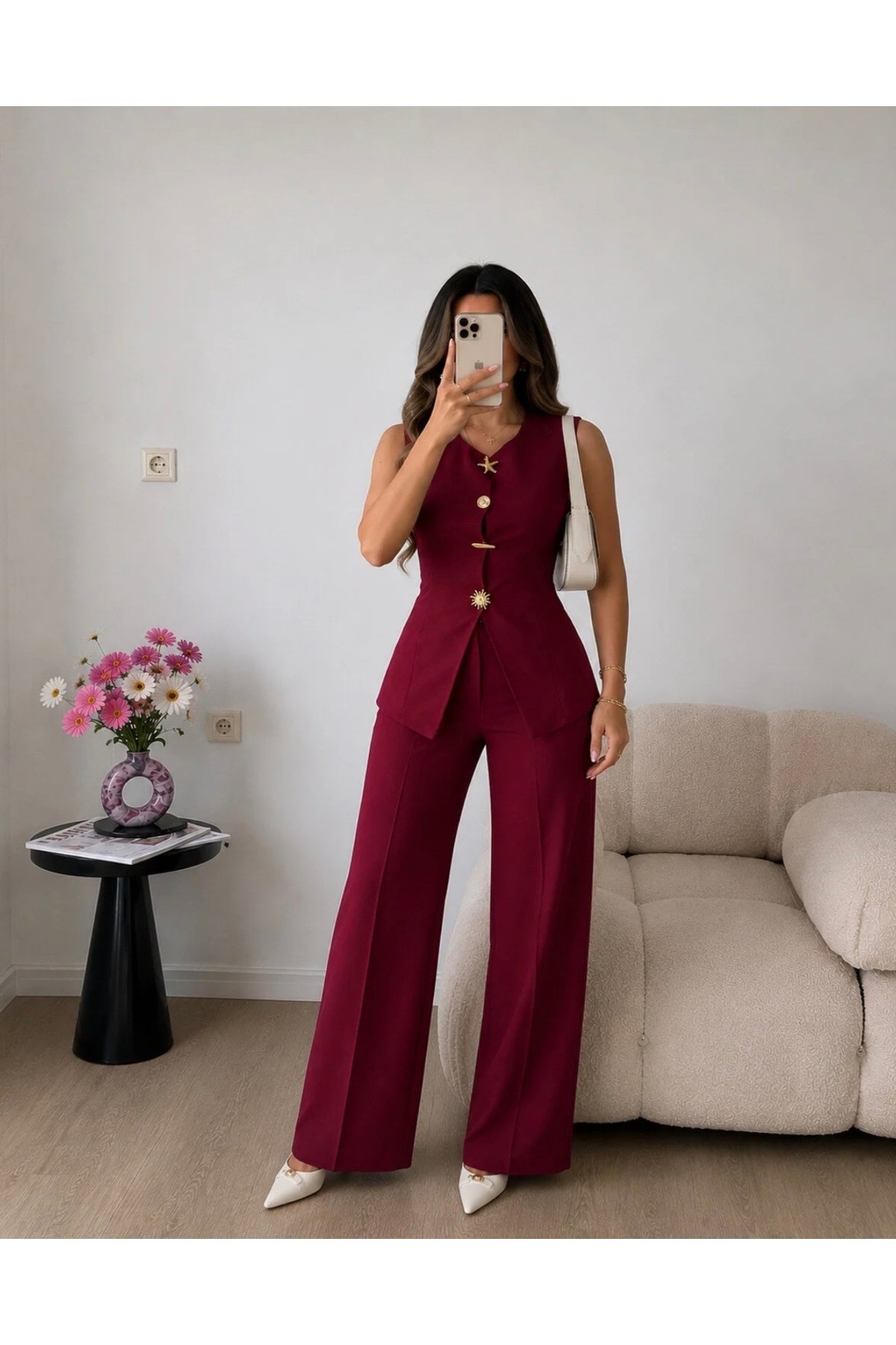 Burgundy Sun Star 4 Button Vest Pants Blazer Set