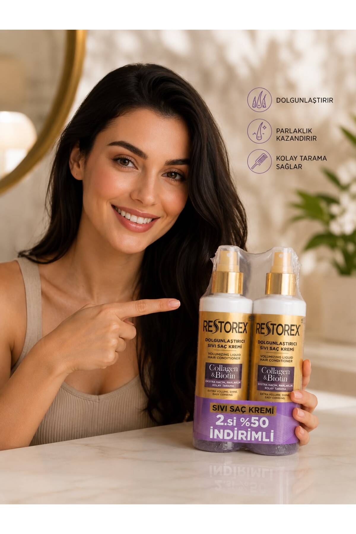 Restorex Collagen & Biotin Dolgunlaştırıcı Sıvı Saç Kremi 2+1 - 200 ml – Durulanmayan Saç Bakım Spreyi, Hacim Veren ve Kolay Tarama Sağlayan — RCBDSÇK1 — تصویر 2 از 4