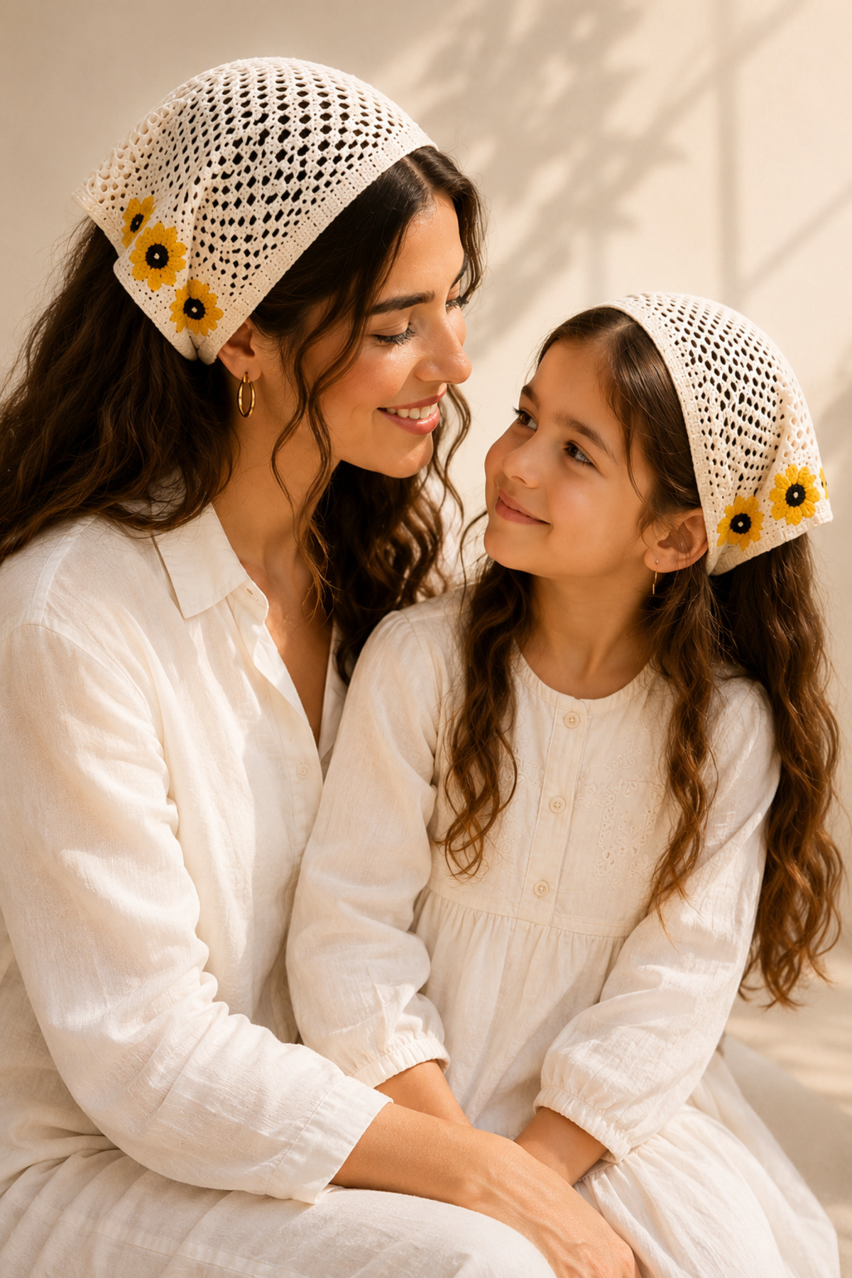 2li Anne & Kız Örgü Bandana Kombini – Çiçek Motifli Saç Bandanası (Çocuk 4-12 Yaş)