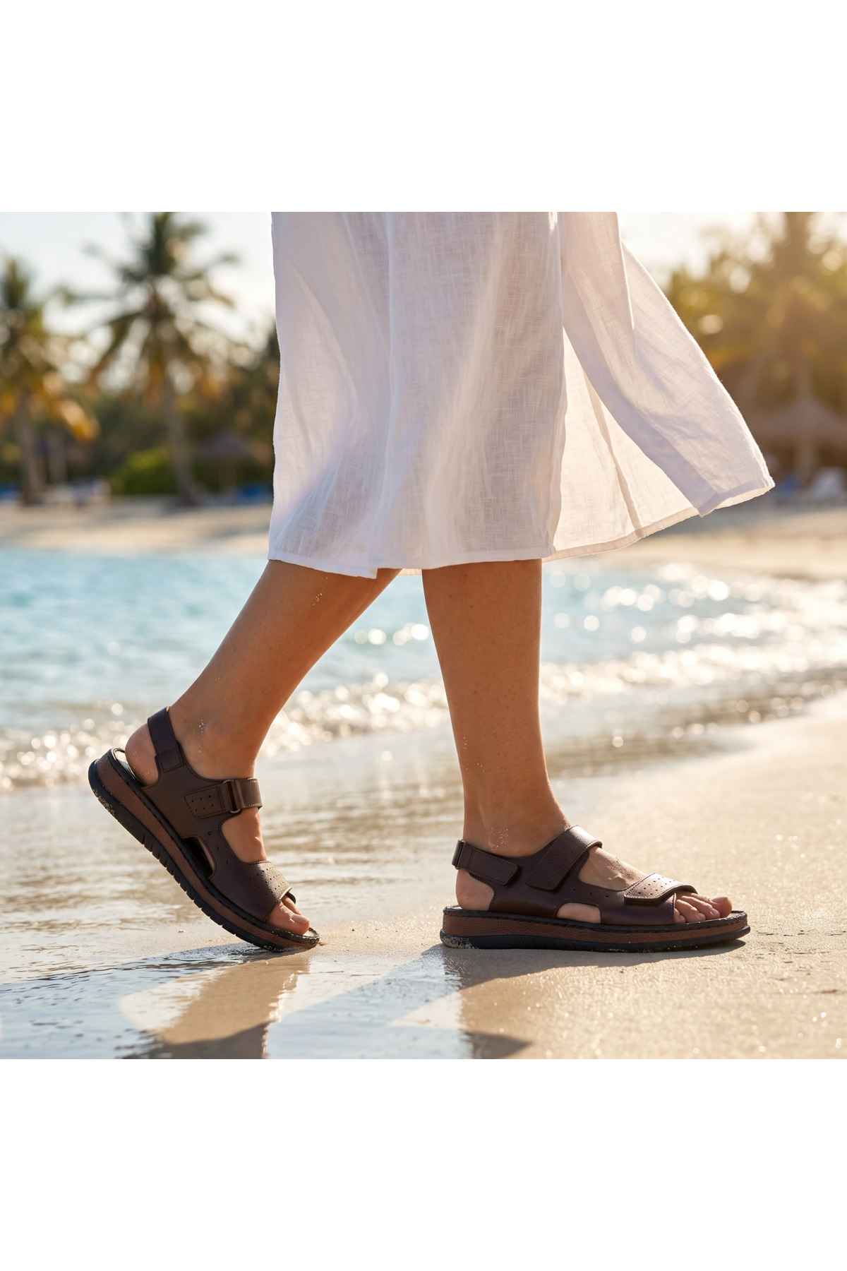 Fame Step Hakiki Deri Unisex Ortopedik Sandalet Acı Kahve Yumuşak Taban Cırtlı Comfort Yazlık Günlük Terlik görsel 6