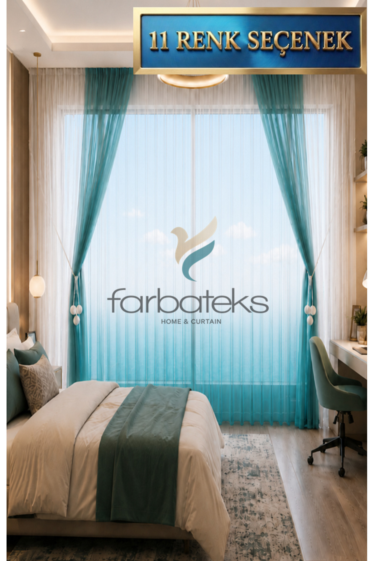 Petroleum Green Color Transition Young Room Children's Room Tulle Fund Set Tulle Curtain