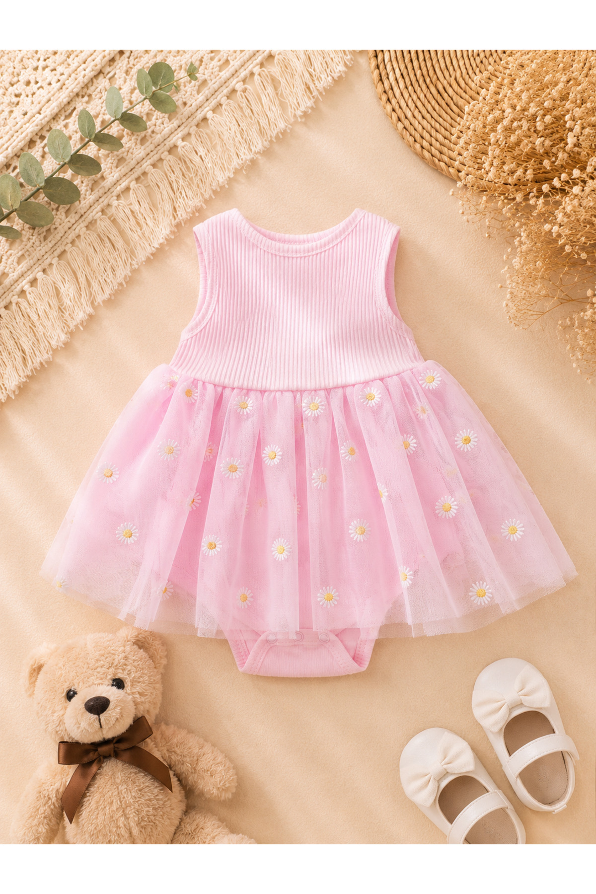 Kız Bebek Papatya Desenli Tüllü Body Elbise – Şık Tütü Elbise Görünümlü Çıtçıtlı Bebek Body
