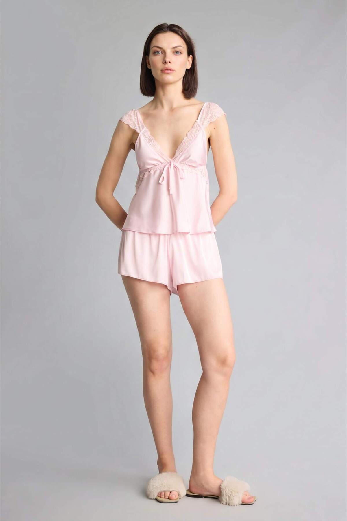 Defacto Regular Fit Strappy 2-Piece Satin Light Pink Pajama Set H0363Ax26Sm