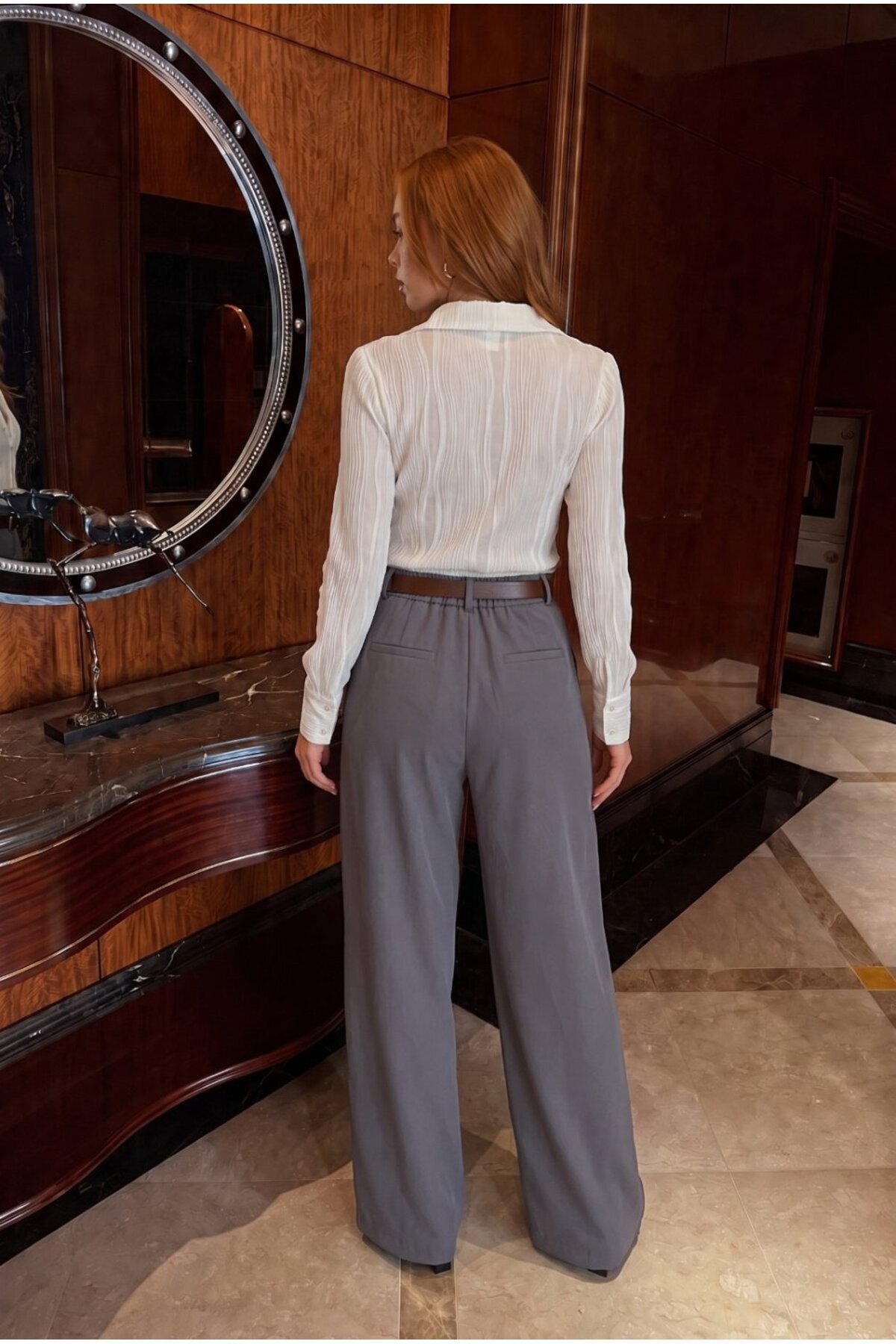 Kemerli Oversize Geniş Paça Palazzo Kumaş Pantolon GRİ 6