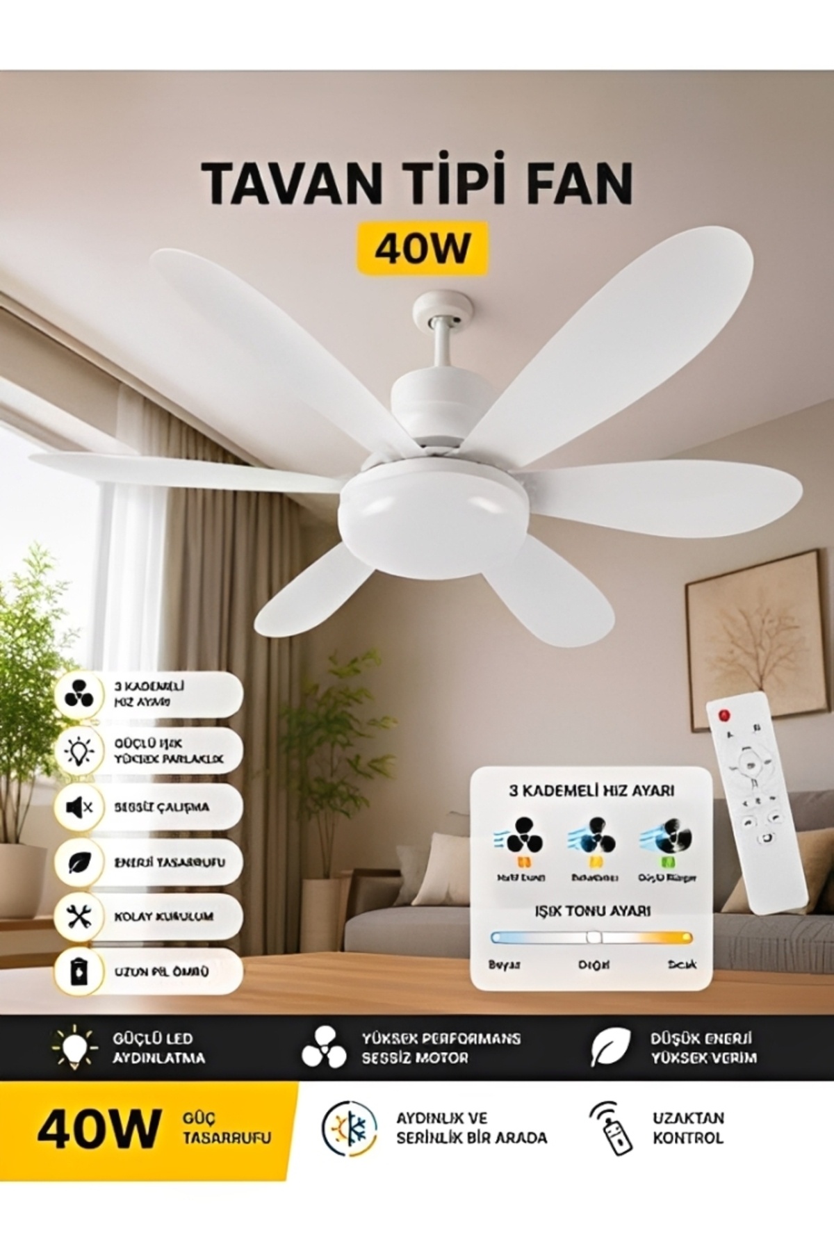 K2 40 WATT3 Color LED Lamp Ceiling Fan with 6 Wings Remote Control Chandelier with E27 Sensor Fan