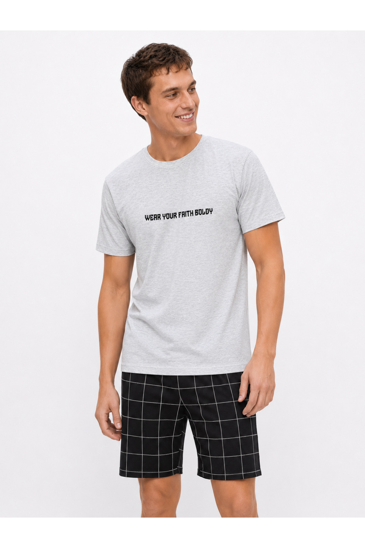 Sude HOMEWEAR Erkek Kısa Kol Şort Gri Renk Ekoseli Pijama Takımı görsel 2