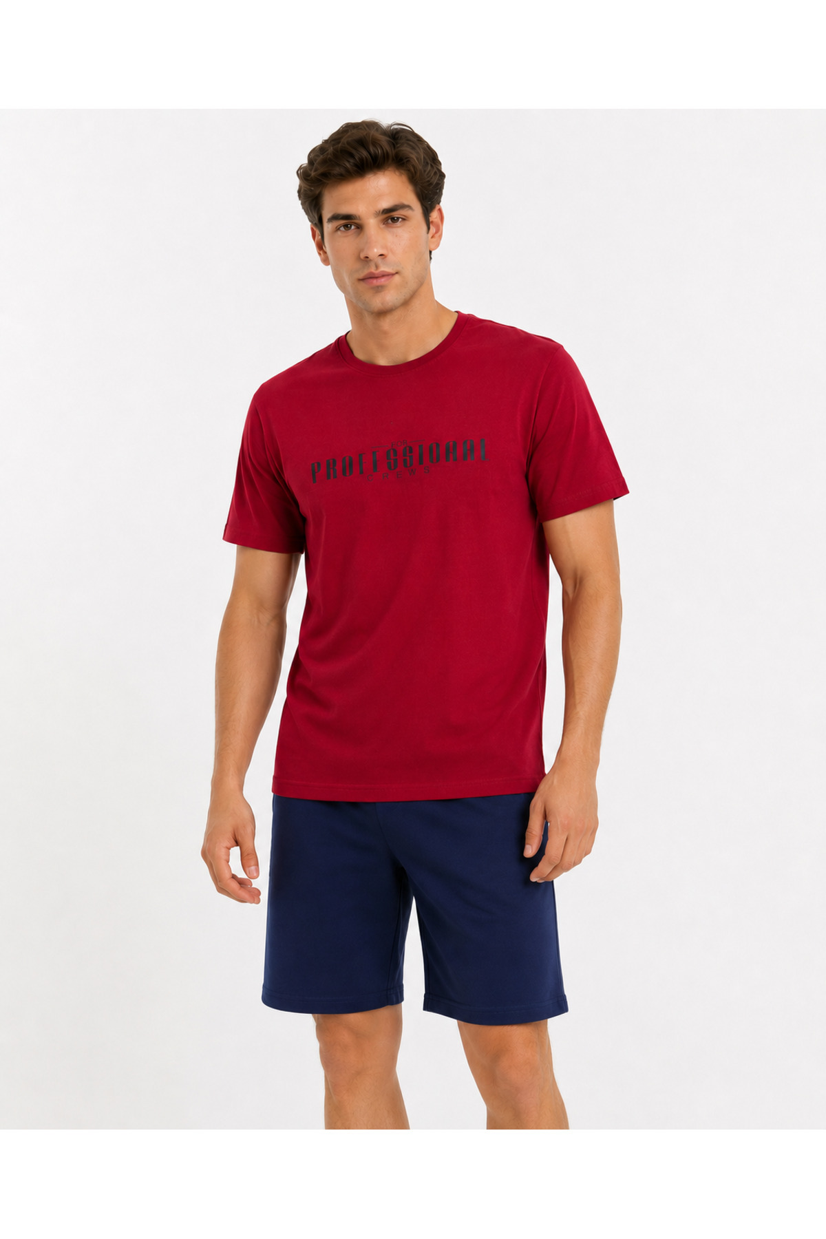 Sude HOMEWEAR Men's Short Sleeve Shorts Burgundy Color Written Pajama Set