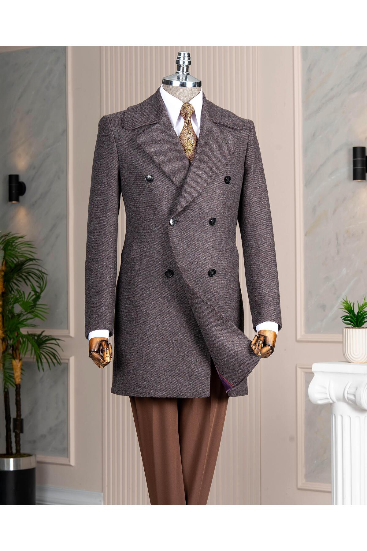 TerziAdemAltun İtalyan stil slim fit kruvaze kaşe yan cepli erkek kaban bordo T15032