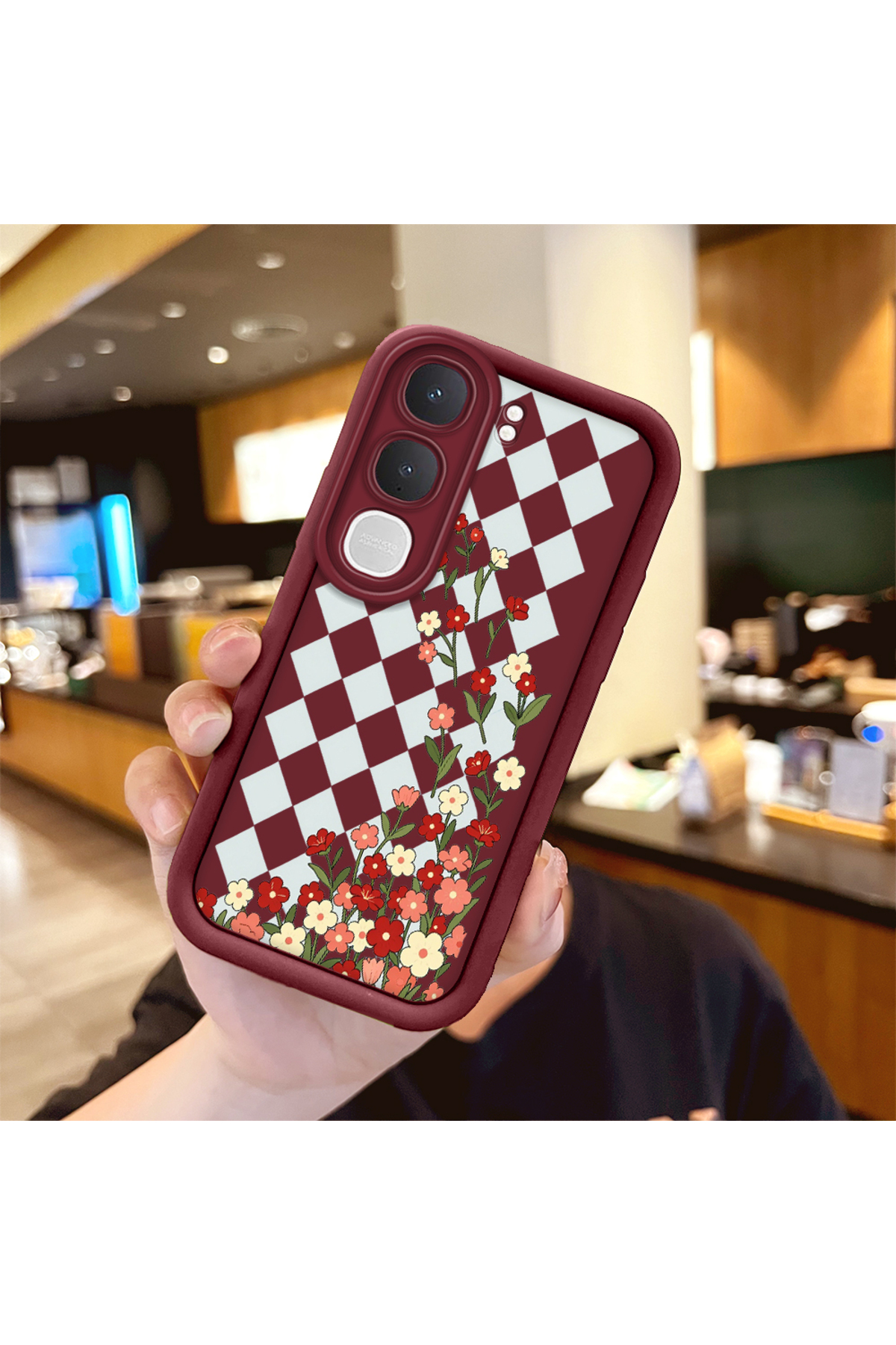 Vivo Y31 5G Compatible Case Camera Protector Burgundy Silicone Couple Phone Case Floral Pattern