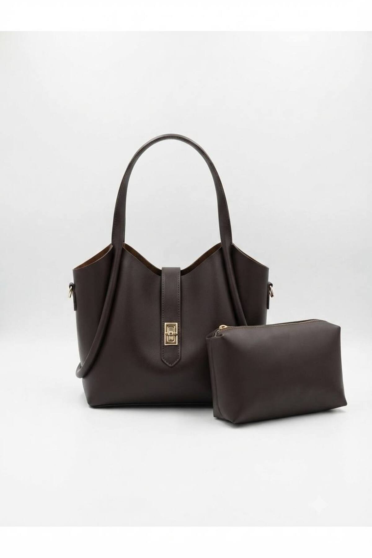 Dark Brown SİMSON Women's Handbag and Crossbody Bag with Lock Detail and Makeup Pouch görünüm 2