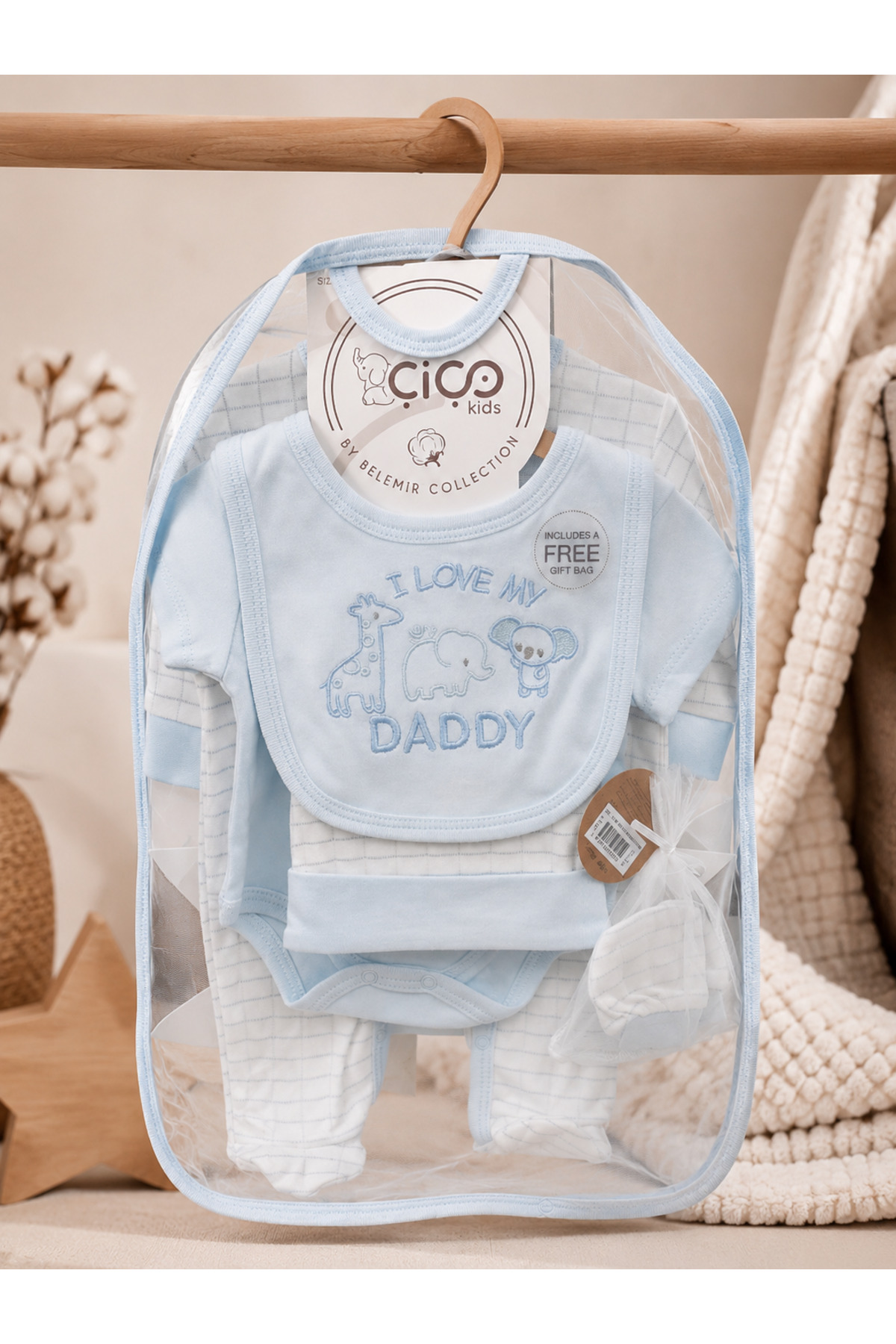5'li Bebek Giyim Seti – I Love My Daddy Baskılı Mavi Tulum, Body, Şapka, Önlük ve Eldiven