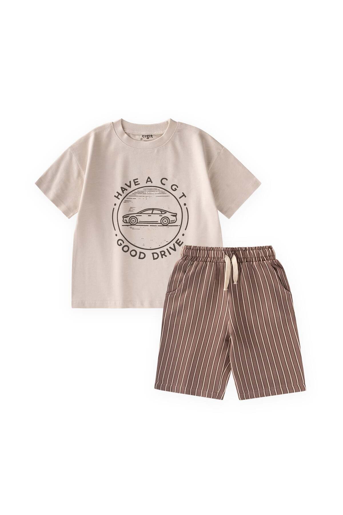 Cigit Printed T-Shirt Set 2-10 Years Sand