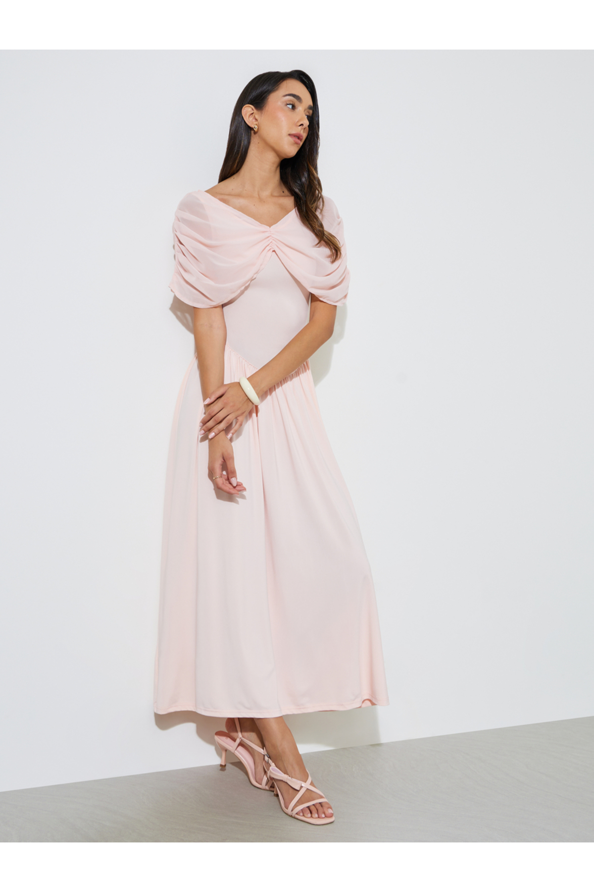 Styli Light Pink A-Line Maxi Dress With Removable Short Cape