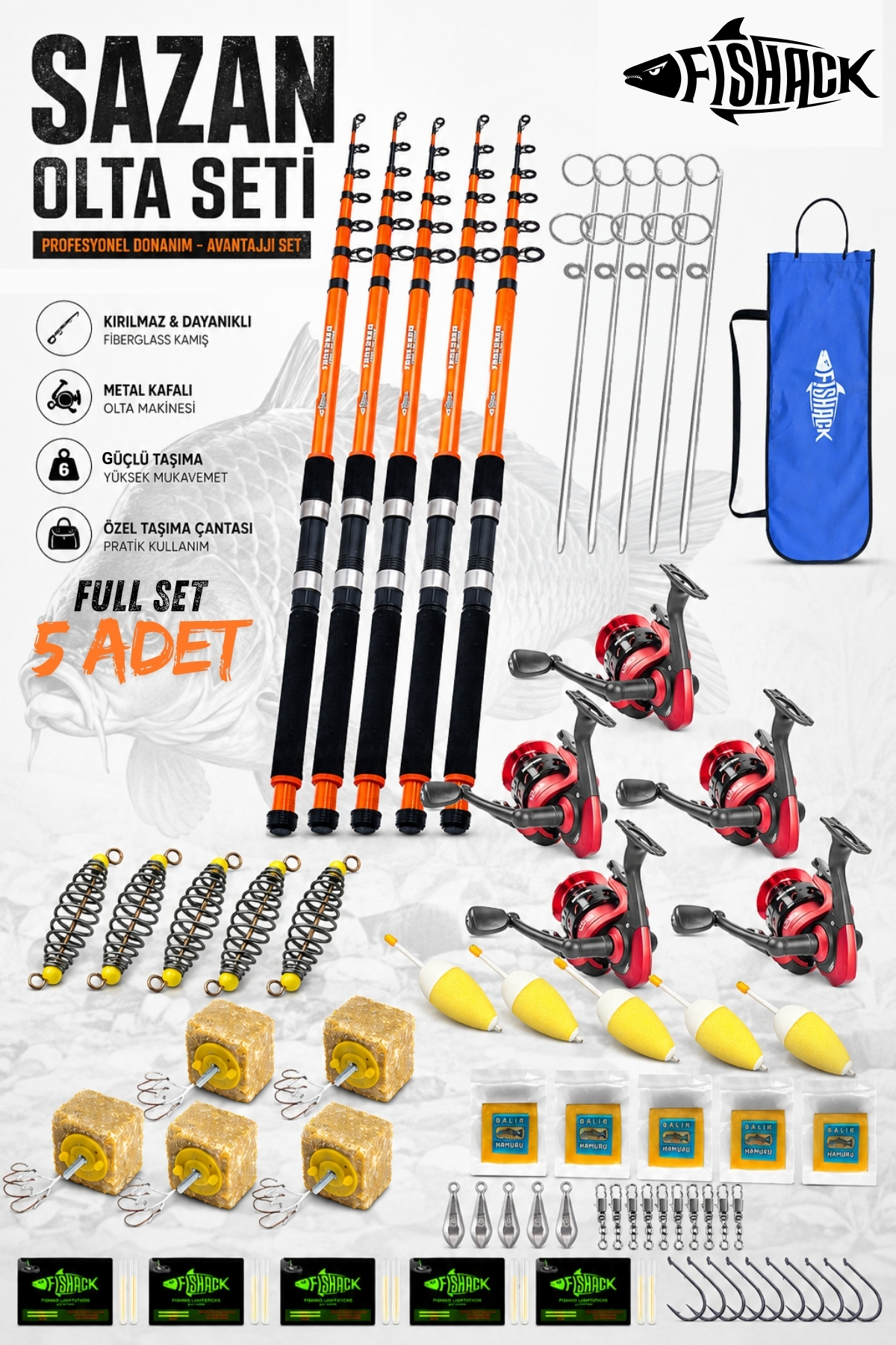 Fishack Profesyonel 5'li Sazan Olta Takımı - 3.30MT- Kırılmaz