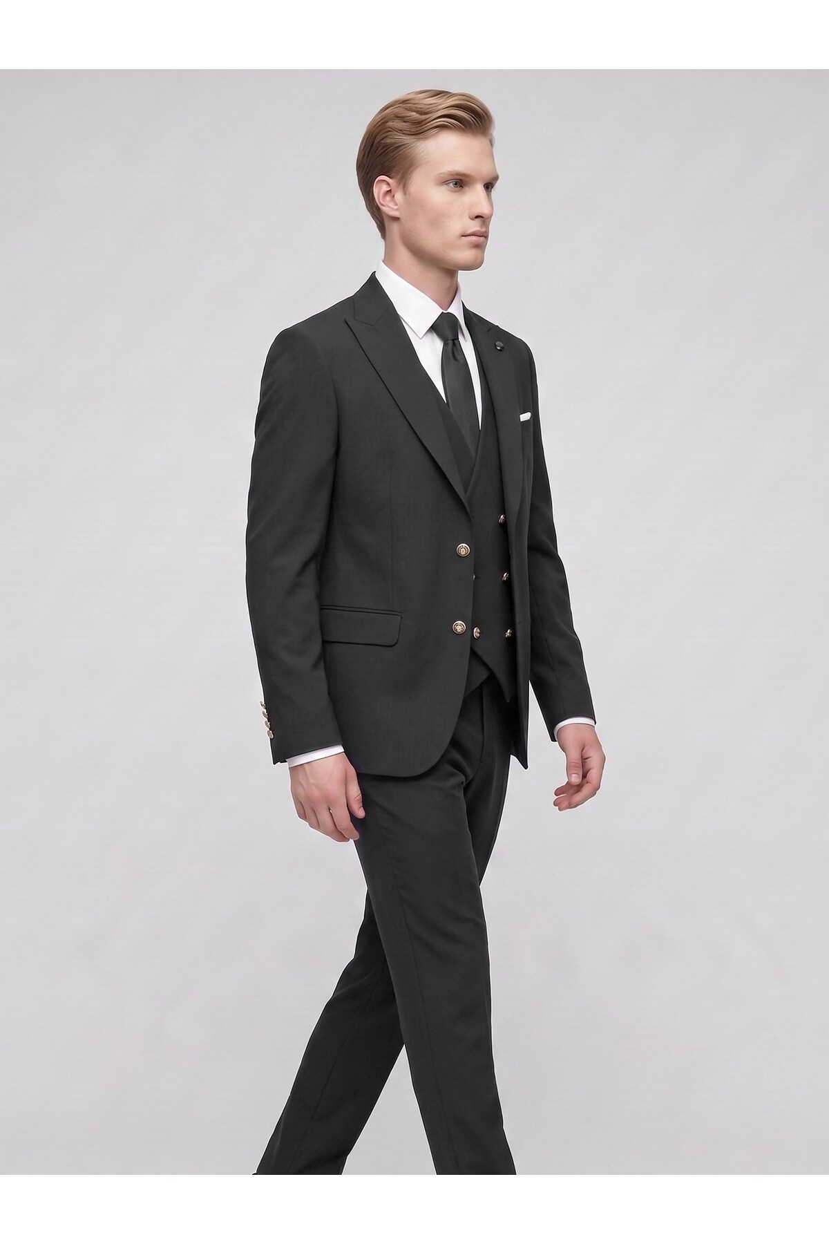Erkek 3 Parça Slim Fit Takım Elbise – Kruvaze Yelekli Modern Kesim Şık Takım — مشکی PRA-14343933-044237 — تصویر 3 از 4