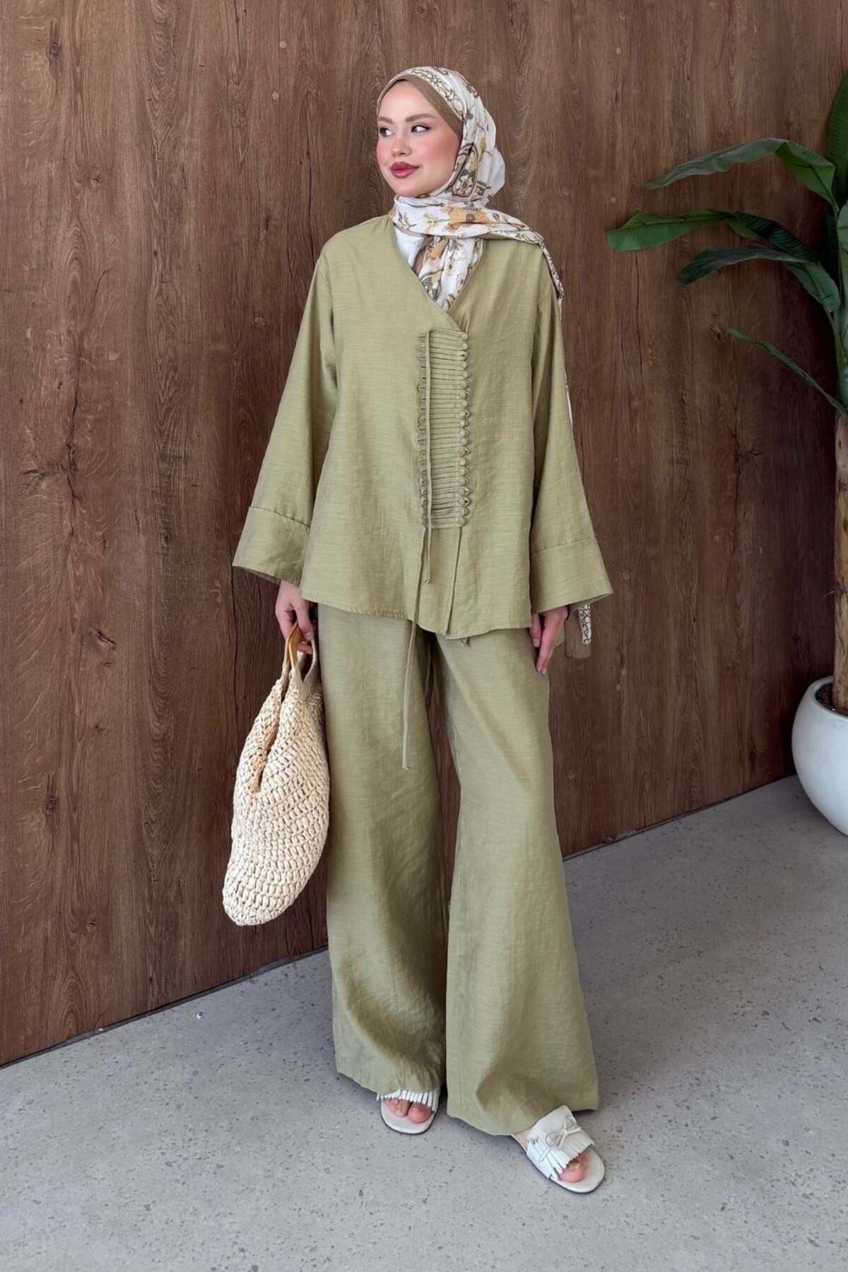 Şule Giyim Güneş Linen Button Detail Suit Khaki