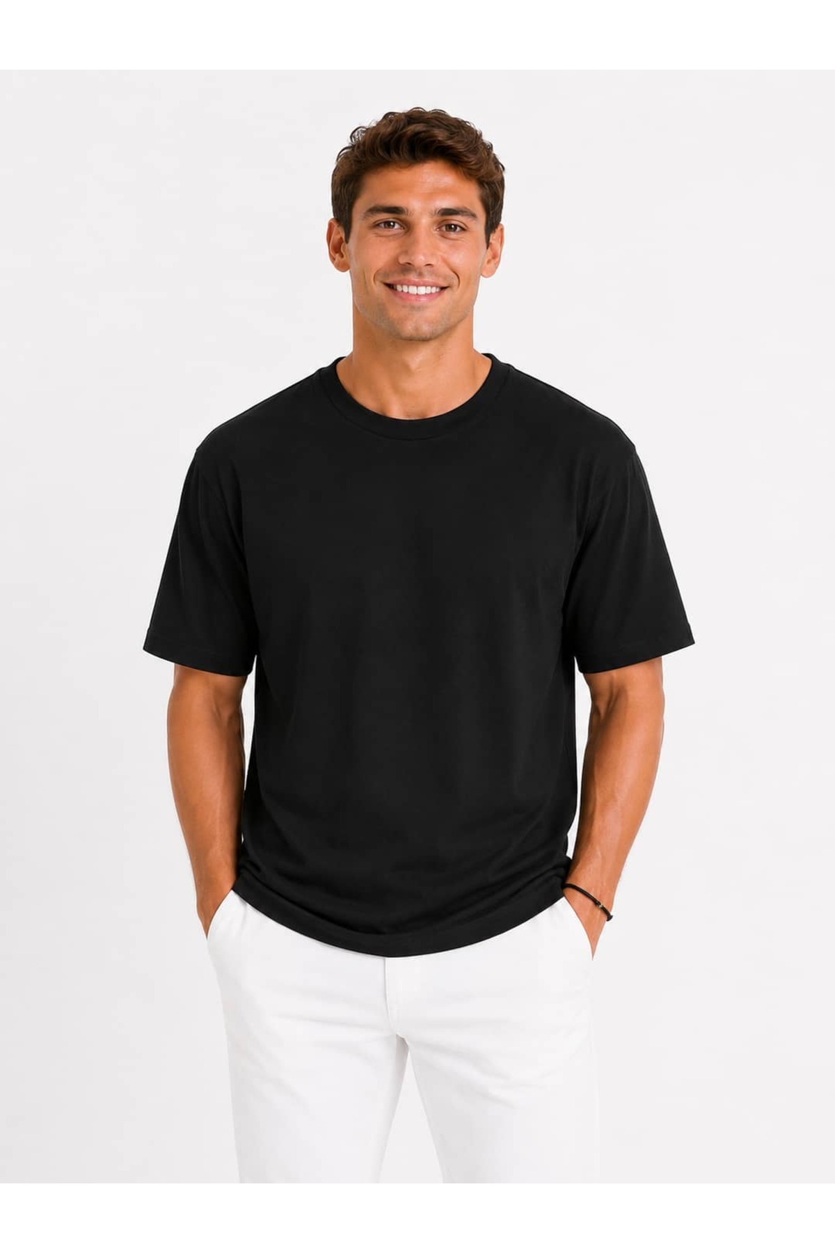 Vasto Moda Erkek Oversize Kalın Dokulu %100 Organik Pamuk Bisiklet Ribana Yakalı Siyah T-Shirt