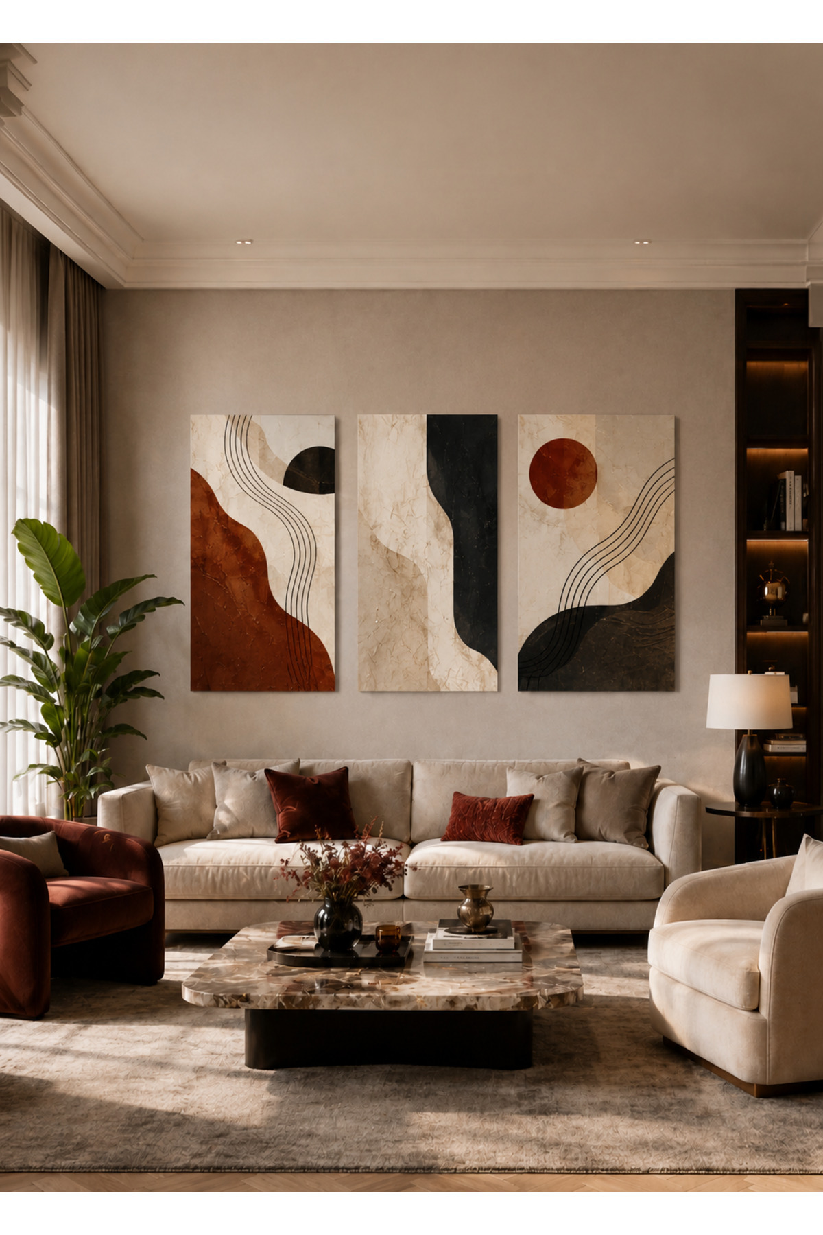 3 Parça MDF Soyut Tablo Seti Modern Geometrik Duvar Dekoru Bej Kahve Minimalist Salon Tablosu