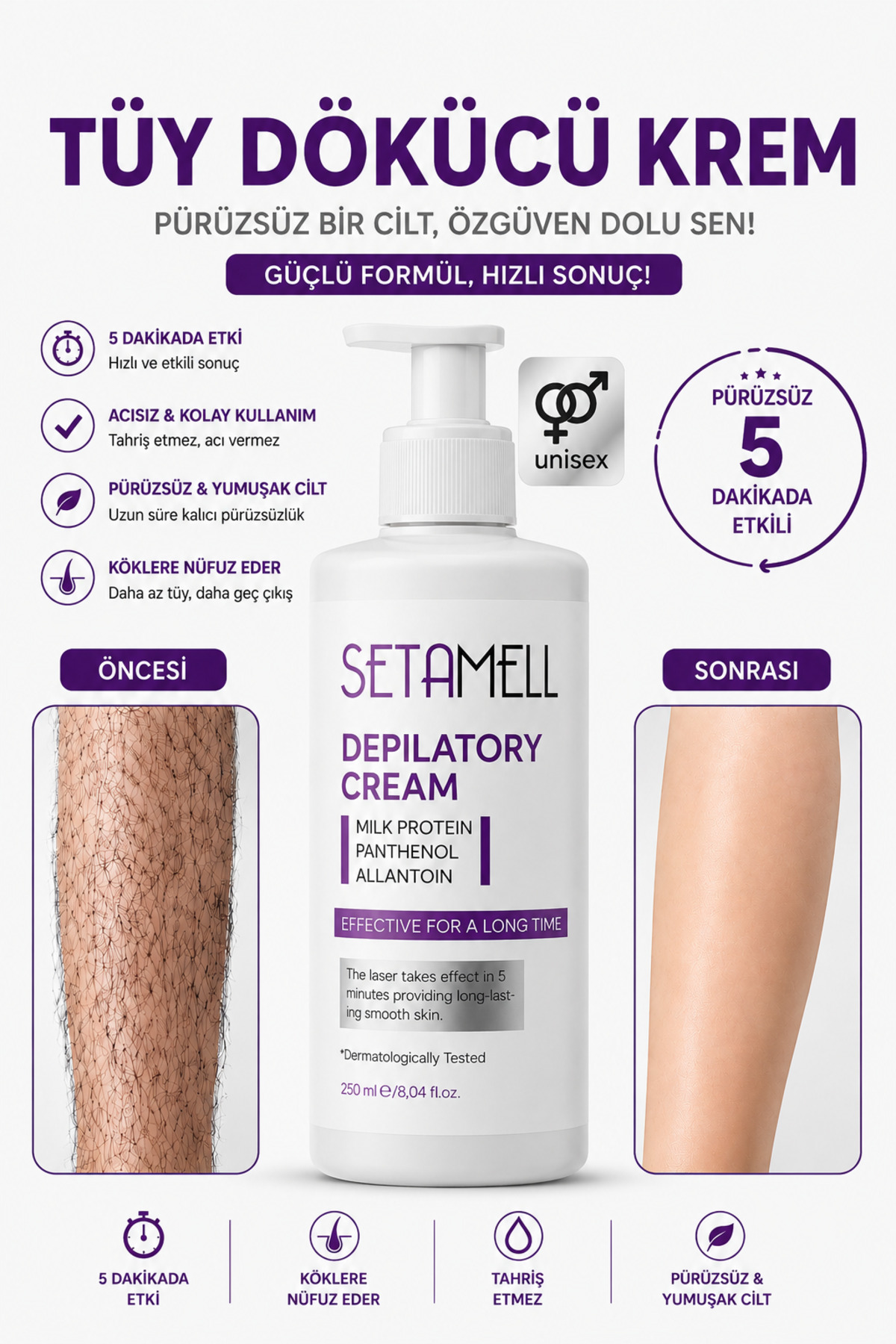 Setamell Lazer Etkili Tüy Dökücü Krem Tüm Cilt Tipleri İçin 250 ml Özel Formül — STMLL-099