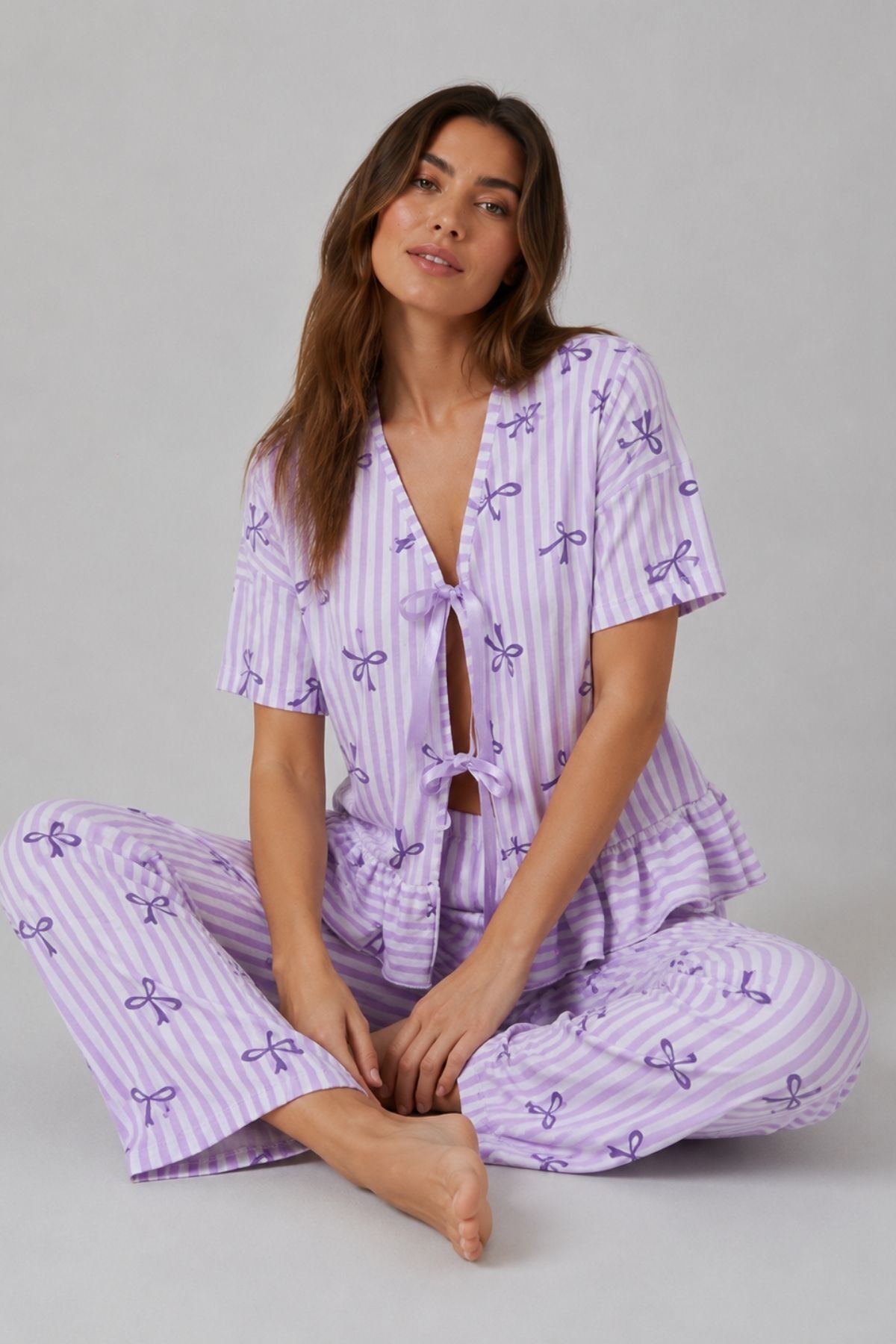 BELLA NOTTE Cotton Lilac Striped Bow Patterned Women's Pajama Set with Tie Detail