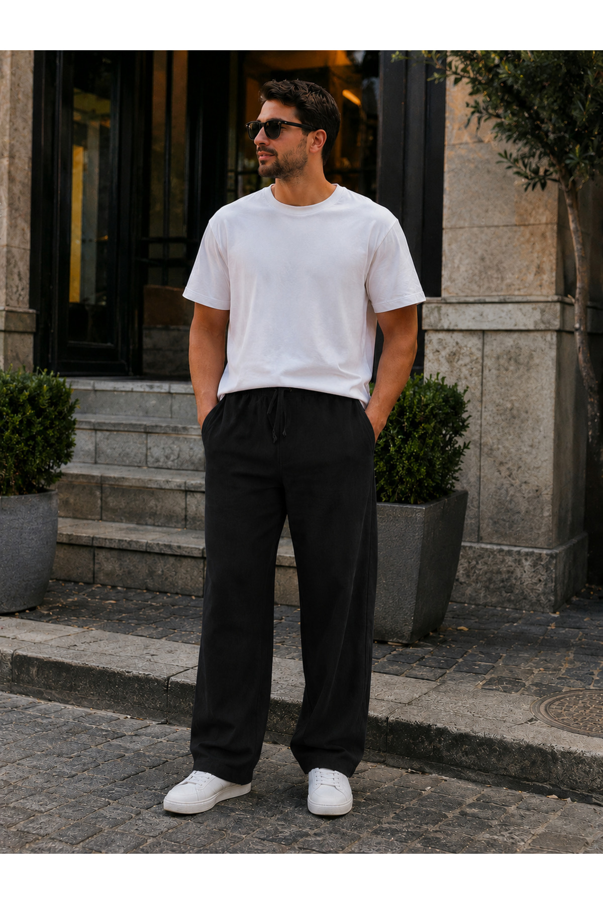 WE&ME Erkek Keten Pantolon Baggy Kalıp Lastikli Belli Bağcıklı Yazlık Günlük Rahat Pantolon görsel 4