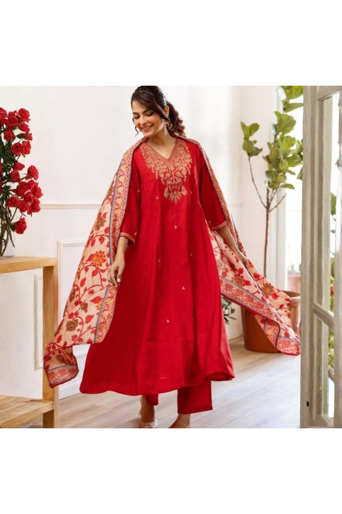 MYSMAR Red Embroidery Kurta and Pant Set with Dupatta -ALV2025 - Red-Size:XL-42-Inches