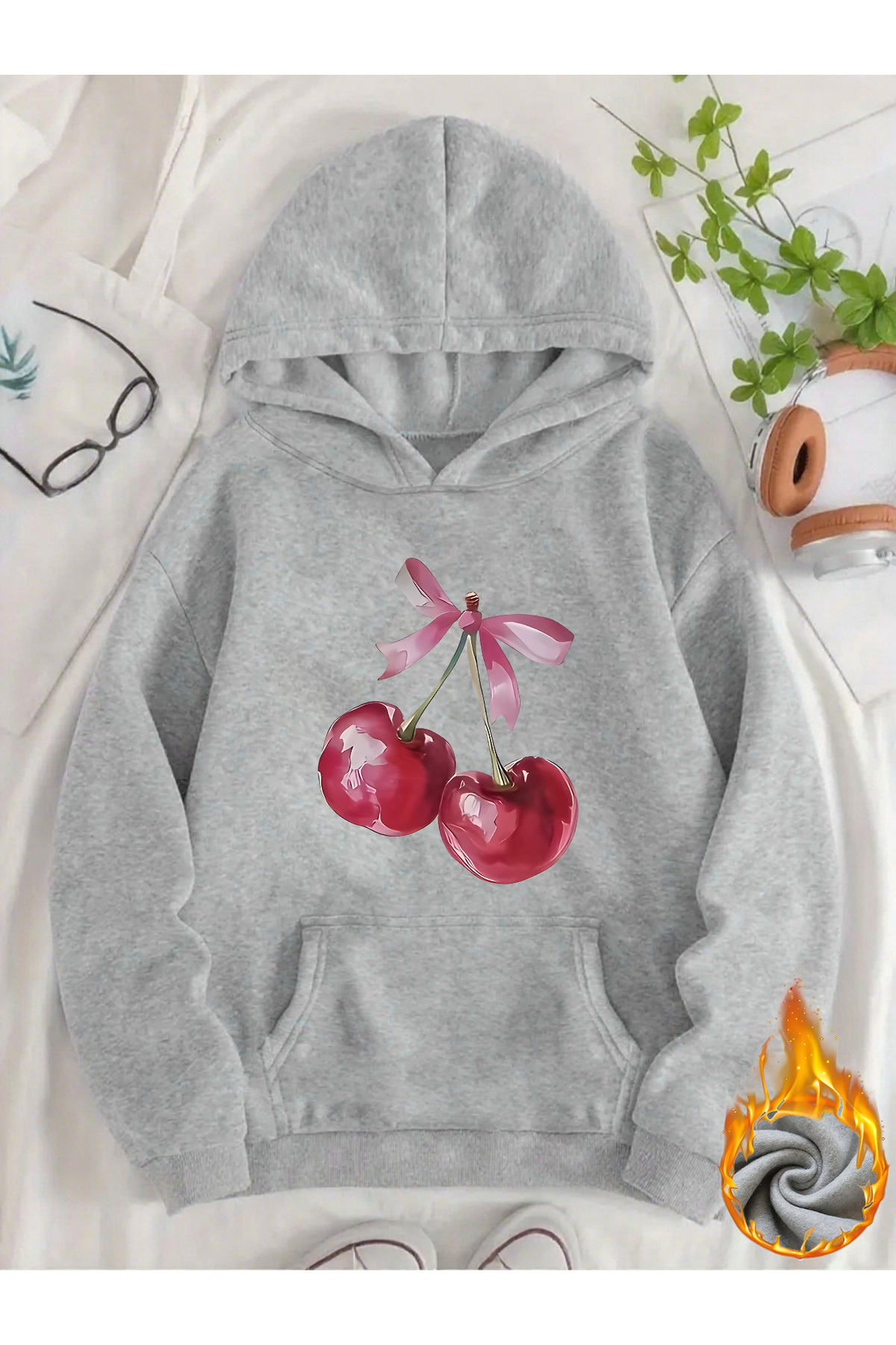 mercoledi Unisex Cherry Printed Hooded Kangaroo Pocket Comfortable Fit Regular Cut Sweatshirt