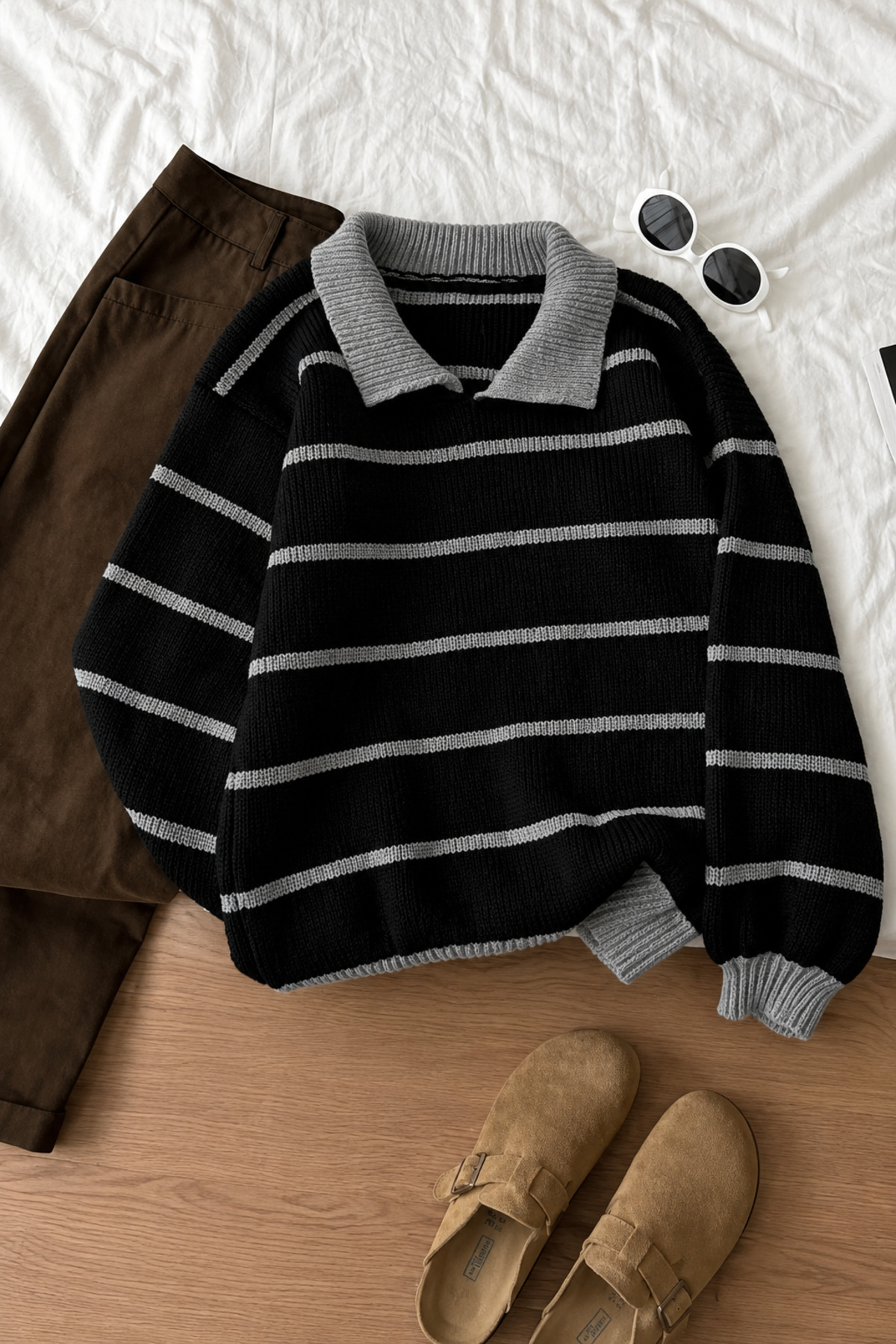 pepule Çizgili Polo Yaka Selanik Örgü Oversize Kadın Triko Kazak