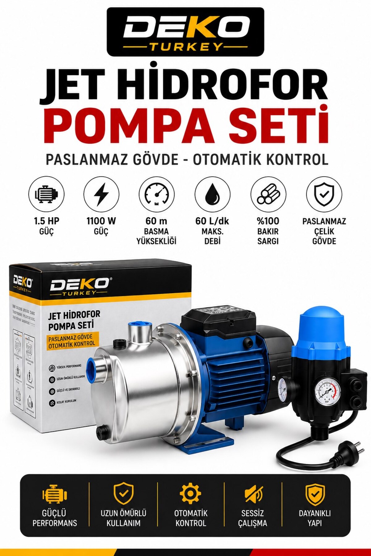 DEKO Turkey 1.5 HP Paslanmaz Jet Hidrofor Pompası Otomatik Basınç Kontrollü Su Pompası 60m Basma 60 L/Dk Debi Ba