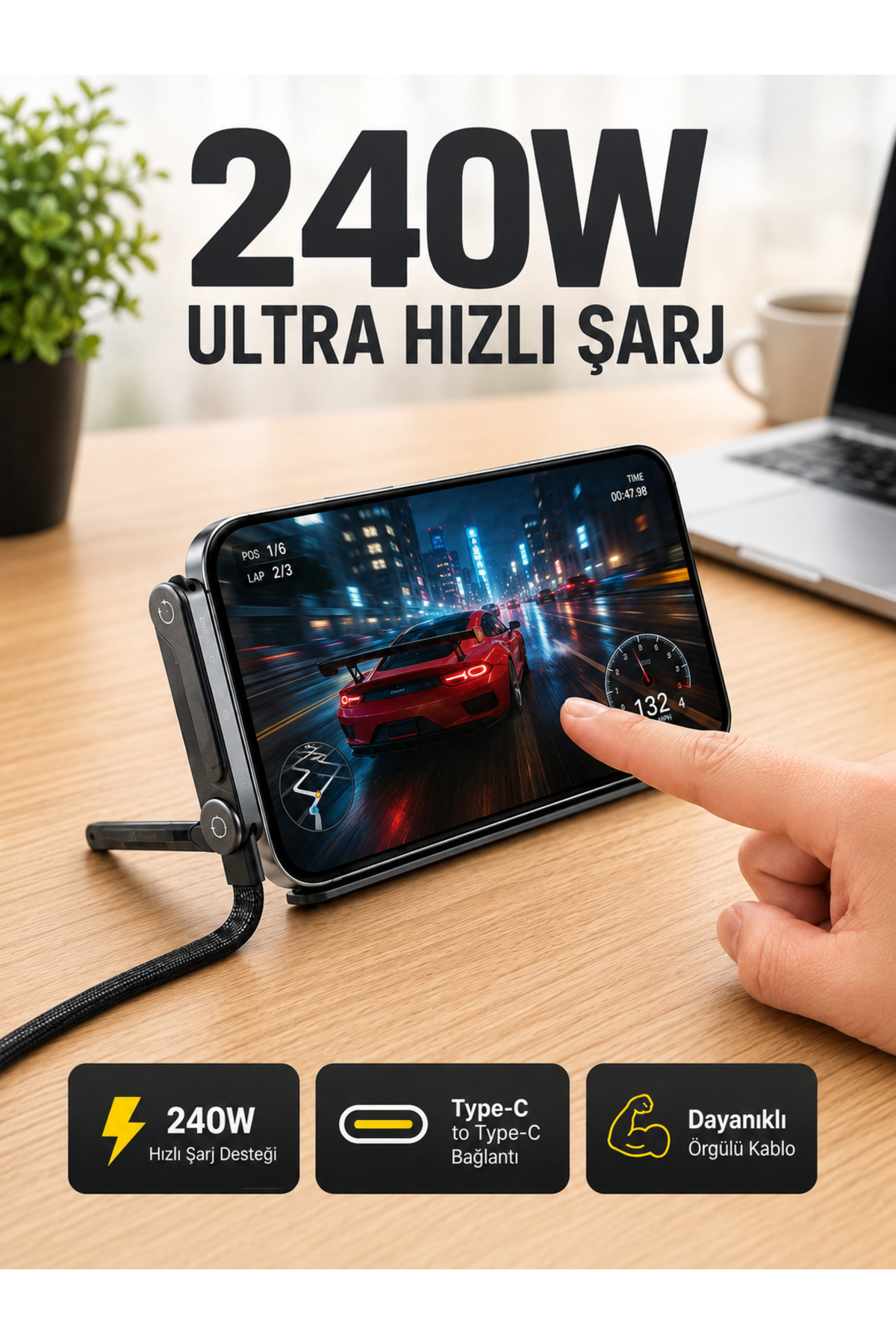 markentegra 240W Type-C Telefon Standlı Örgülü Şarj ve Data Kablosu