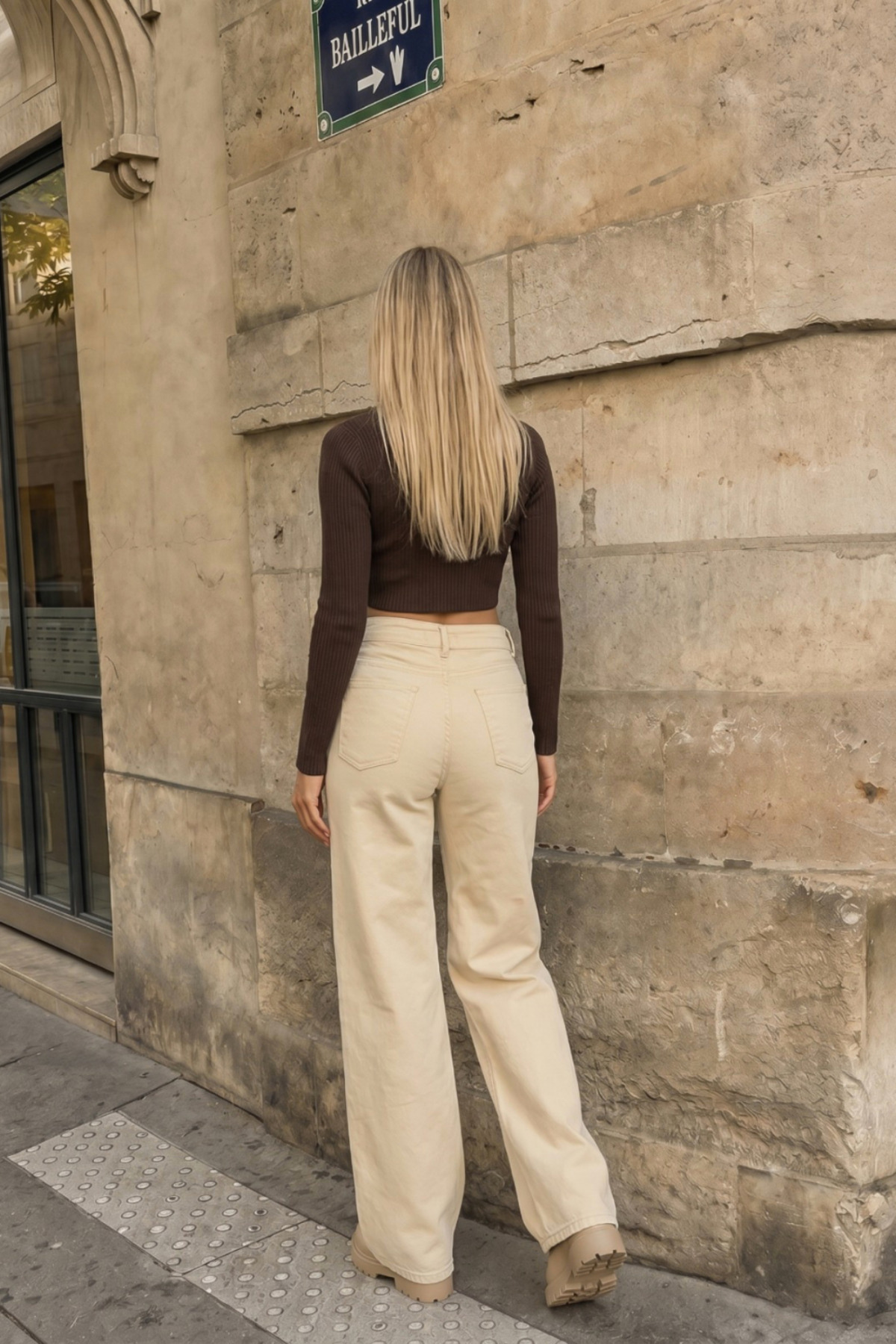 BİKELİFE Bej Yüksek Bel Wide Leg Bol Paça Palazzo Kot Pantolon görsel 7
