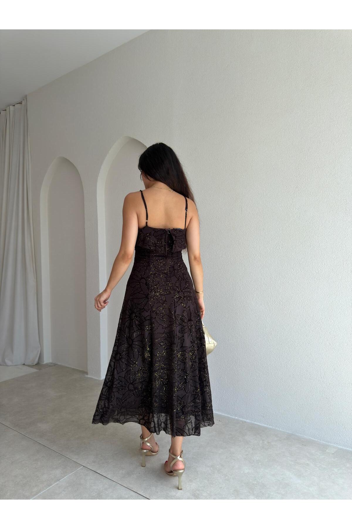Mooi Butik AEMON Simli Desenli Midi Elbise 4057 - Acı Kahve görsel 3