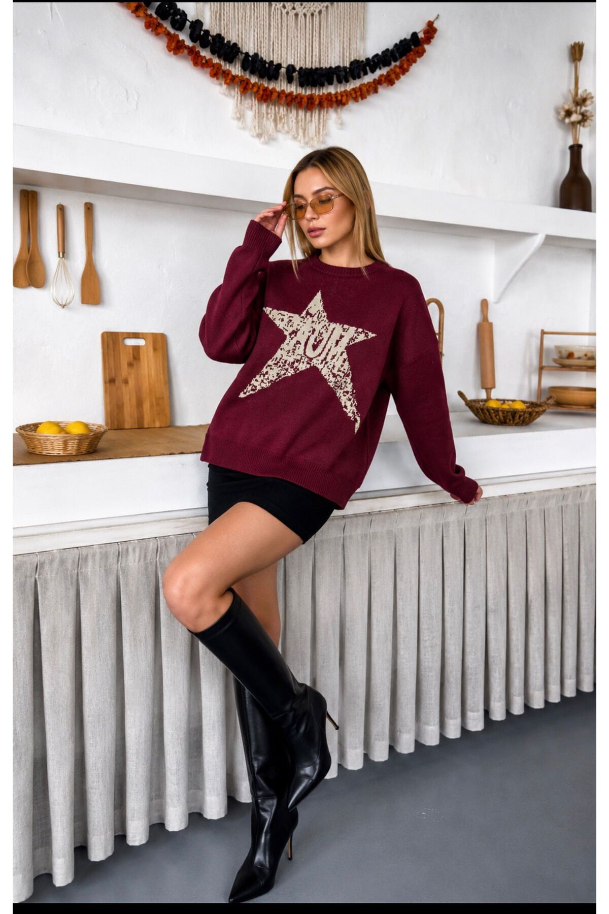 STF MODA Kadın YILDIZ Oversize Triko Bordo Kazak - Yumuşak Dokulu Bisiklet Yaka görsel 2
