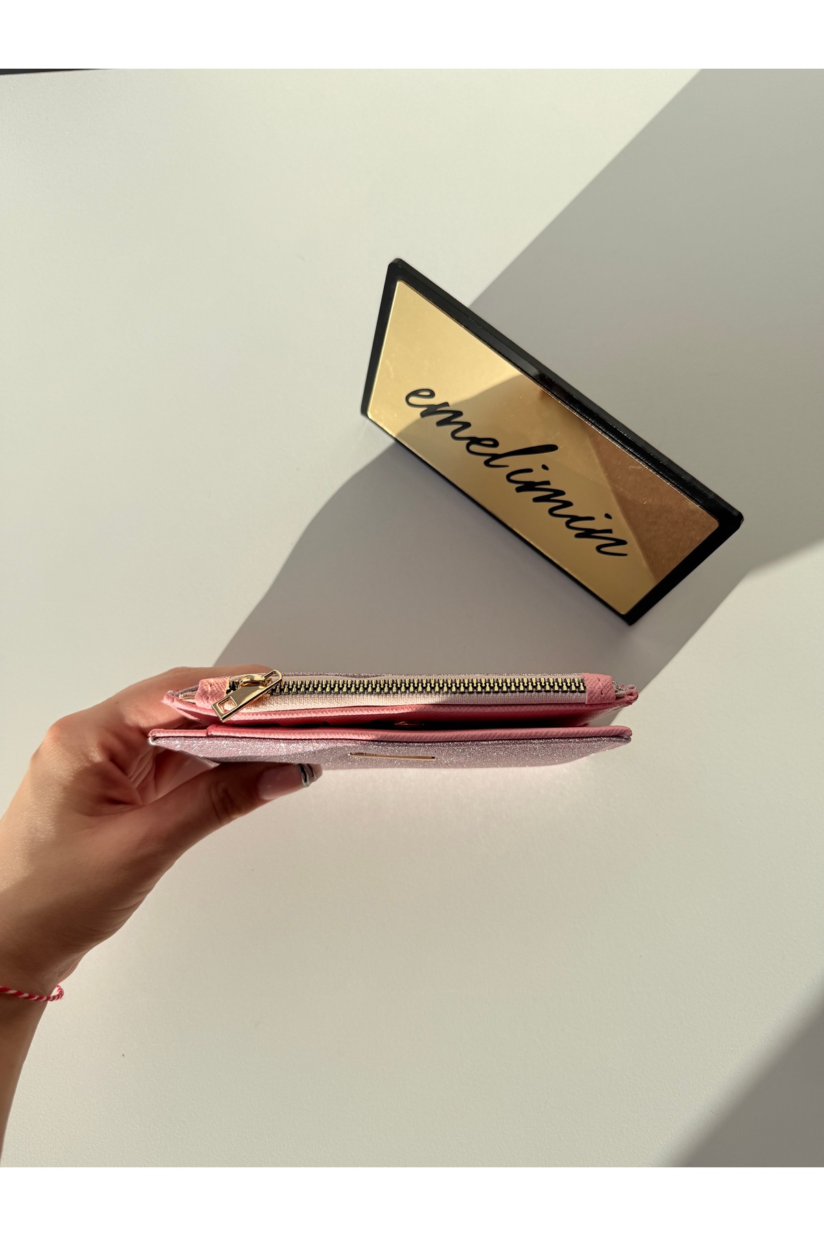 emelimin Kadın Pembe Simli Cüzdan, Fermuarlı Parlak Metalik Mini Cüzdan görsel 4