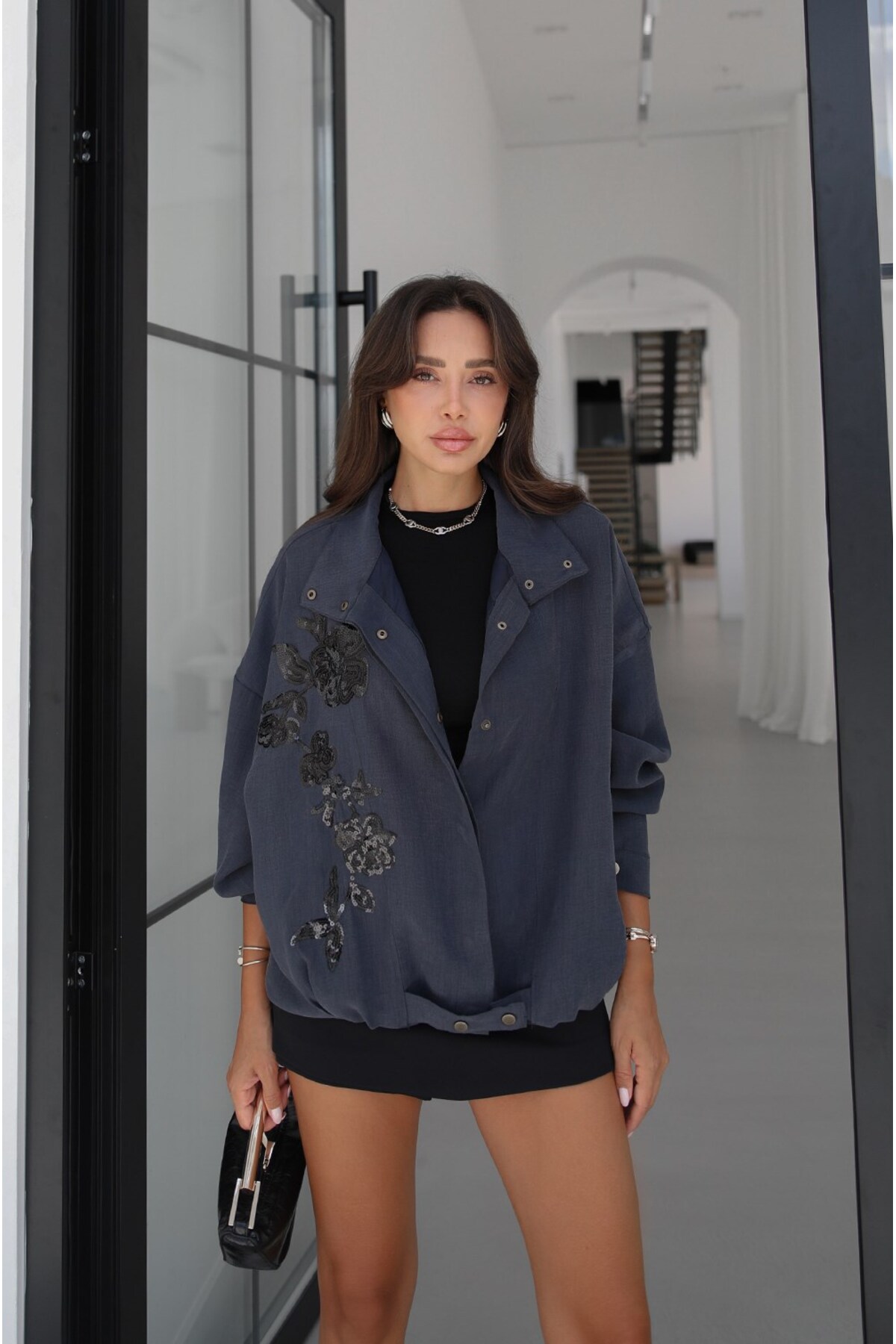 Havoş Navy Blue Embroidered Bomber Jacket