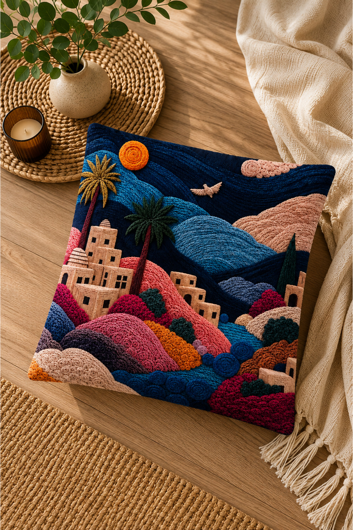 Dijital Baskılı Dekoratif Kırlent Kılıfı 43x43 cm – Modern Desenli Keten Dokulu